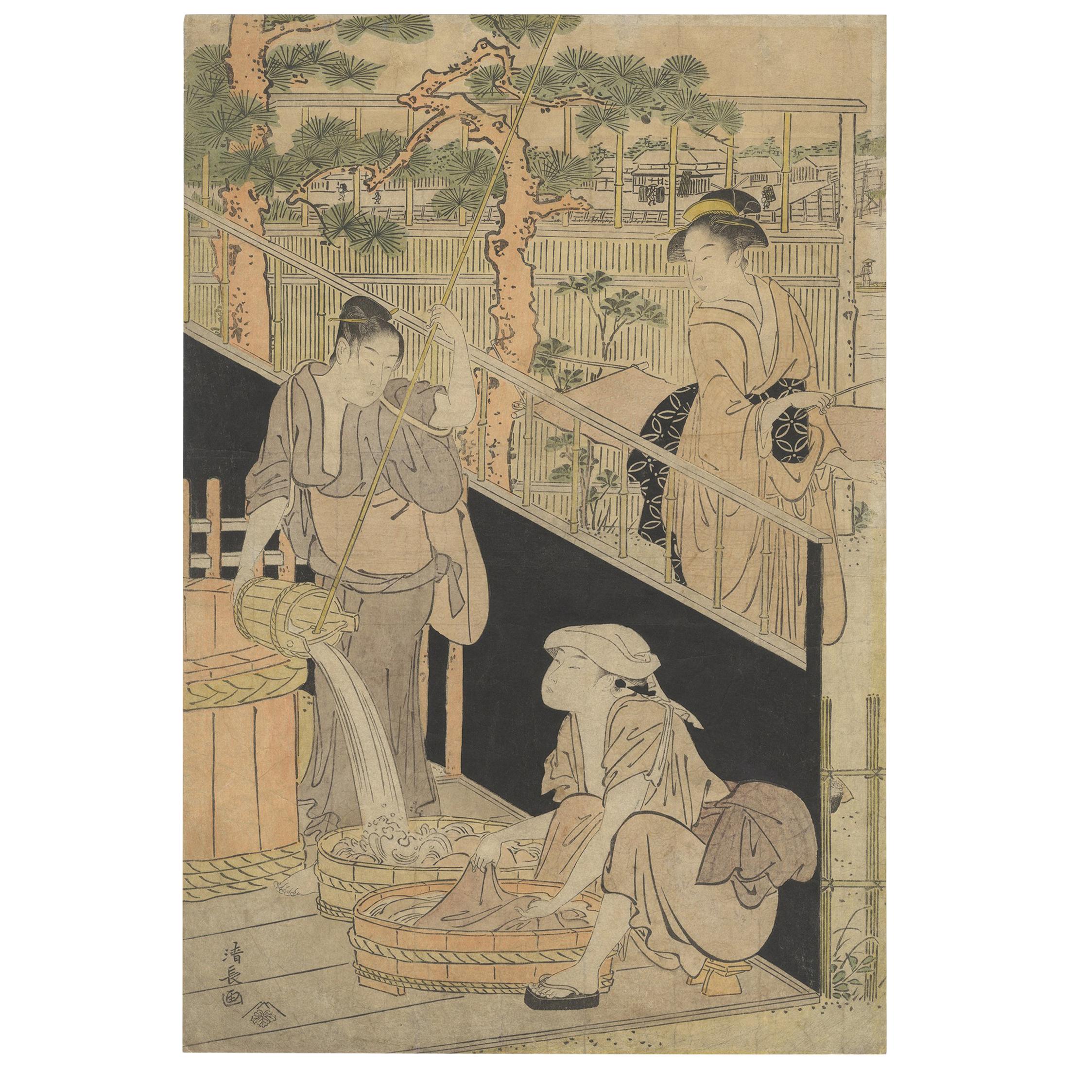 18th Century Original Japanese Woodblock Print, Beauty, Daily Life, Ukiyo-e, Edo For Sale