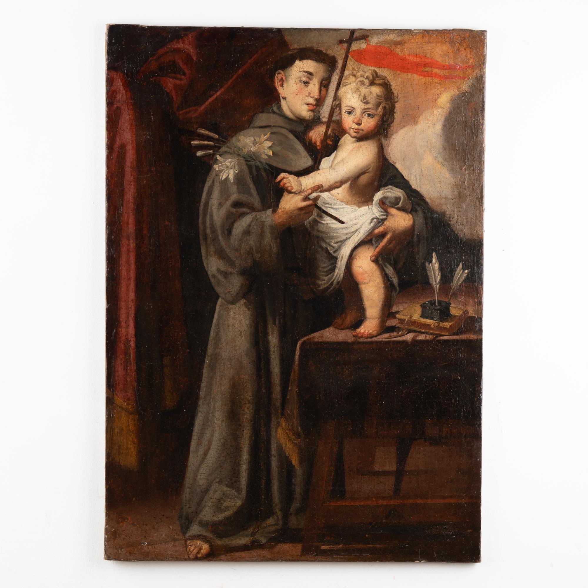 Original Öl auf Leinwand Gemälde von St. Antonius von Padua und das Christuskind, knapp 3 'hoch. 
Ungerahmt, ohne Signatur/unbekannter Künstler.
Die Leinwand hat starke Craquelébildung, alte Risse/Falten, Retuschen und alte Reparaturen, die für ein