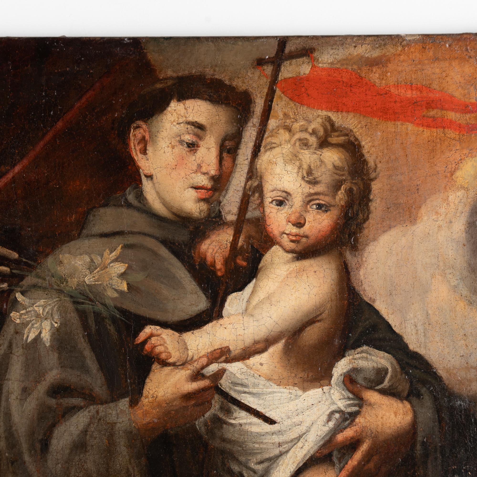 Originales Ölgemälde auf Leinwand, 18. Jahrhundert, Gemälde des Heiligen Antonius von Padua und Christus C. im Zustand „Relativ gut“ im Angebot in Round Top, TX