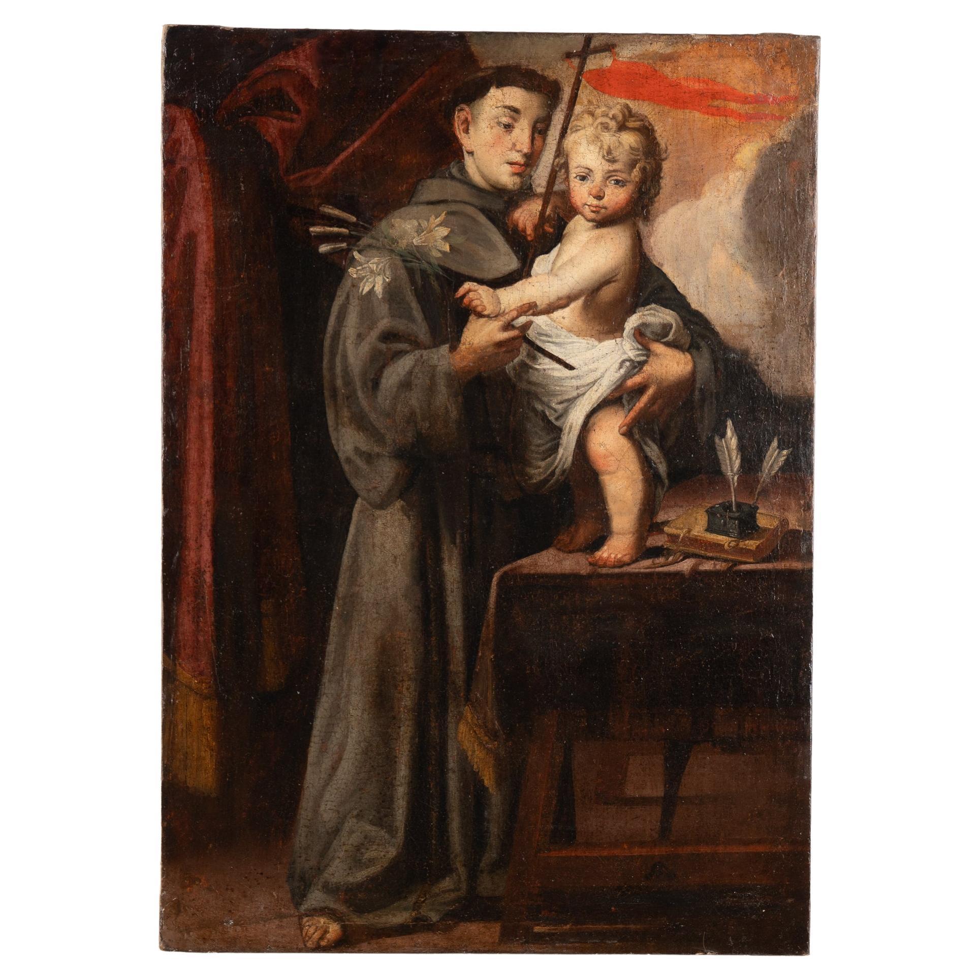 18th Century Original Oil on Canvas Painting of St Anthony of Padua and Christ C