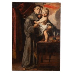 Dipinto originale olio su tela del XVIII secolo raffigurante Sant'Antonio da Padova e Cristo C.