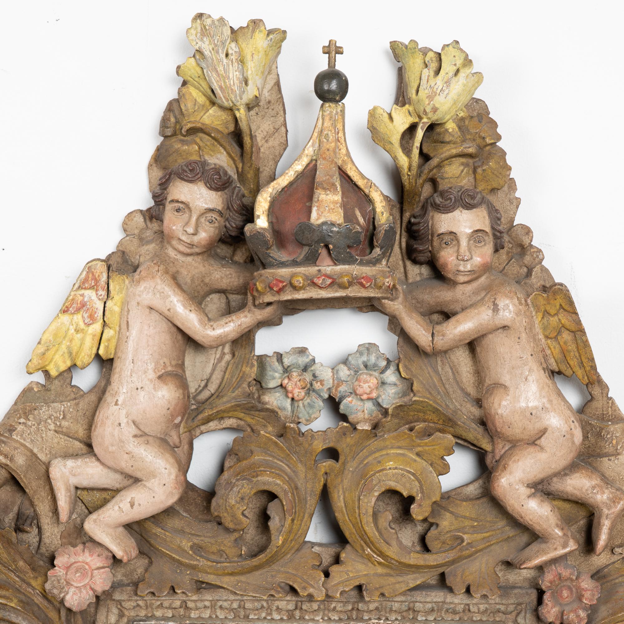 Portuguese 18th Century Original Painted and Carved Altarpiece Mirror from Portugal For Sale