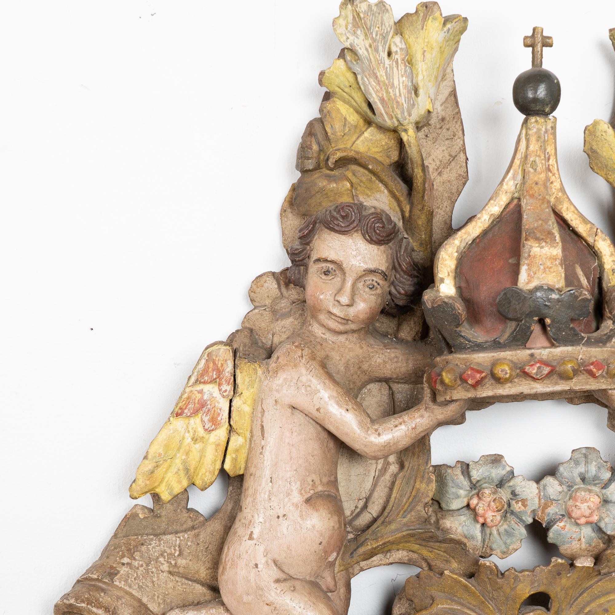 18th Century Original Painted and Carved Altarpiece Mirror from Portugal In Fair Condition For Sale In Round Top, TX