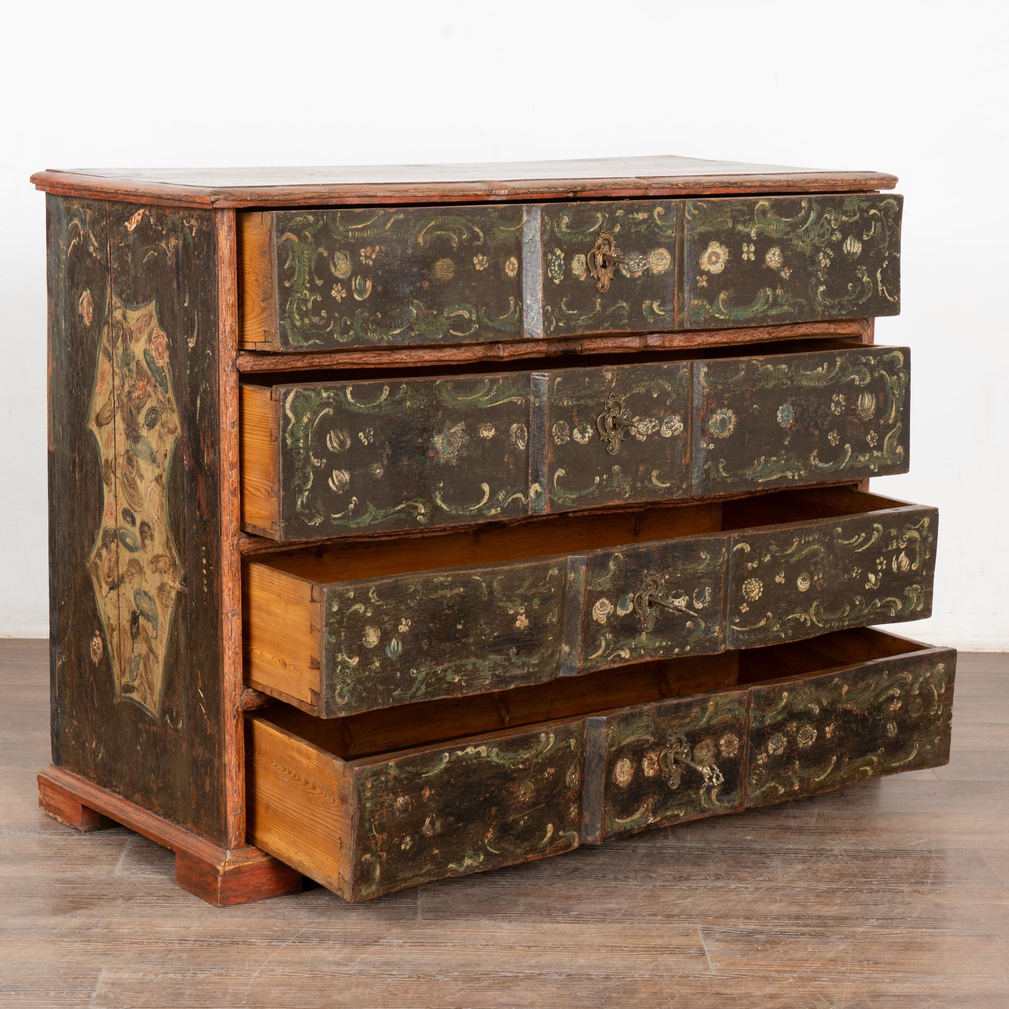 Folk Art 18th Century Original Painted Large Pine Chest of Four Drawers, Denmark For Sale