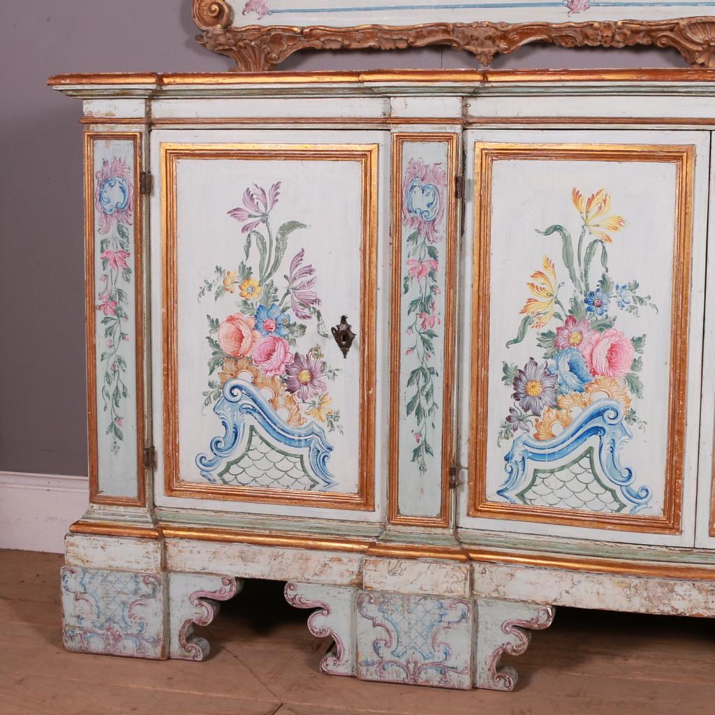 Stunning 18th century original painted and gilt Venetian serpentine front Credenza with removable plate rack. 1760.

Height to the top of the base - 38.5 (98cms)

Dimensions
86.5 inches (220 cms) Wide
22 inches (56 cms) Deep
87.5 inches (222