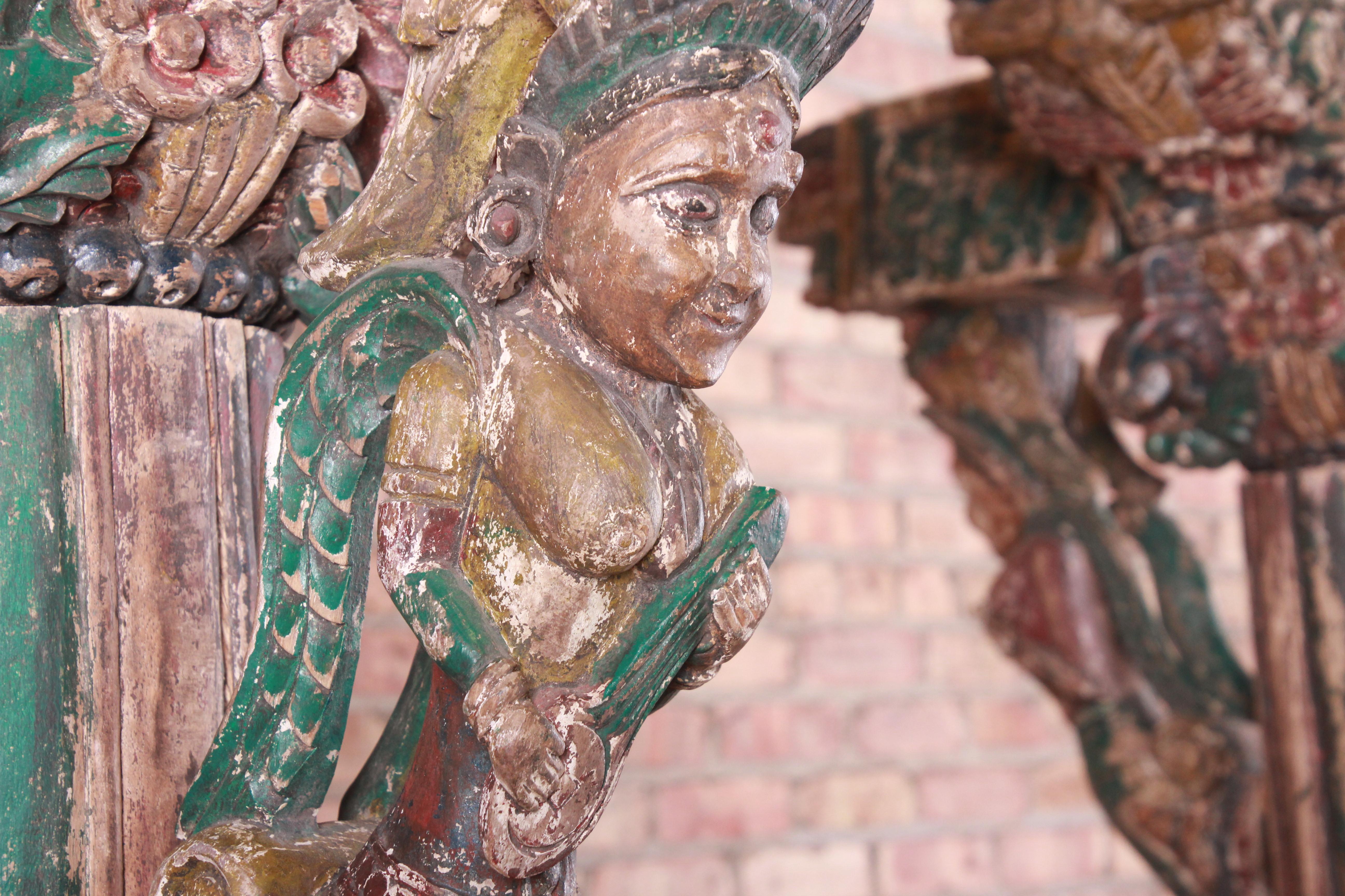 18th Century Ornate Carved and Painted Wood Indian Architectural Pillars, Pair 3