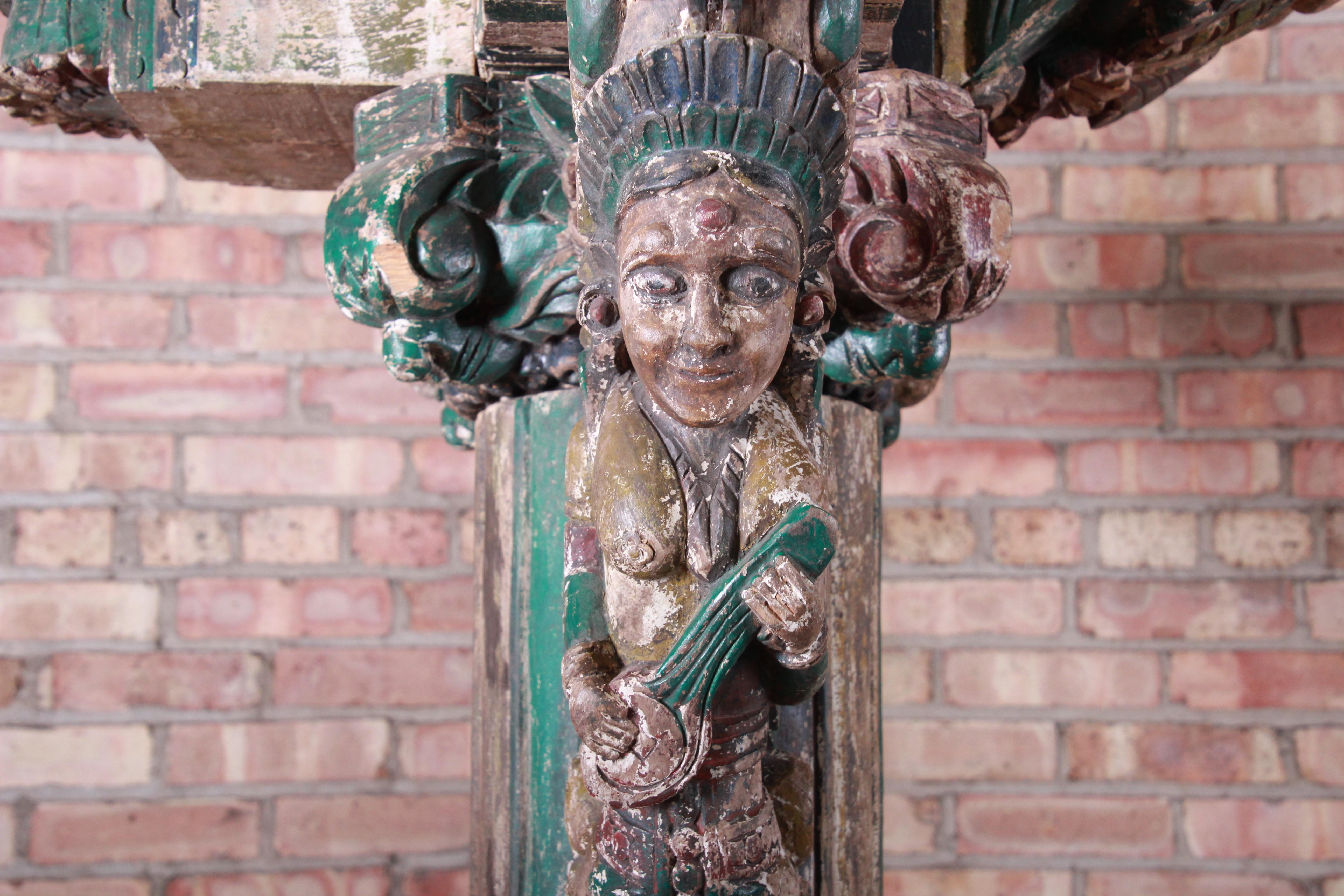 18th Century Ornate Carved and Painted Wood Indian Architectural Pillars, Pair 4