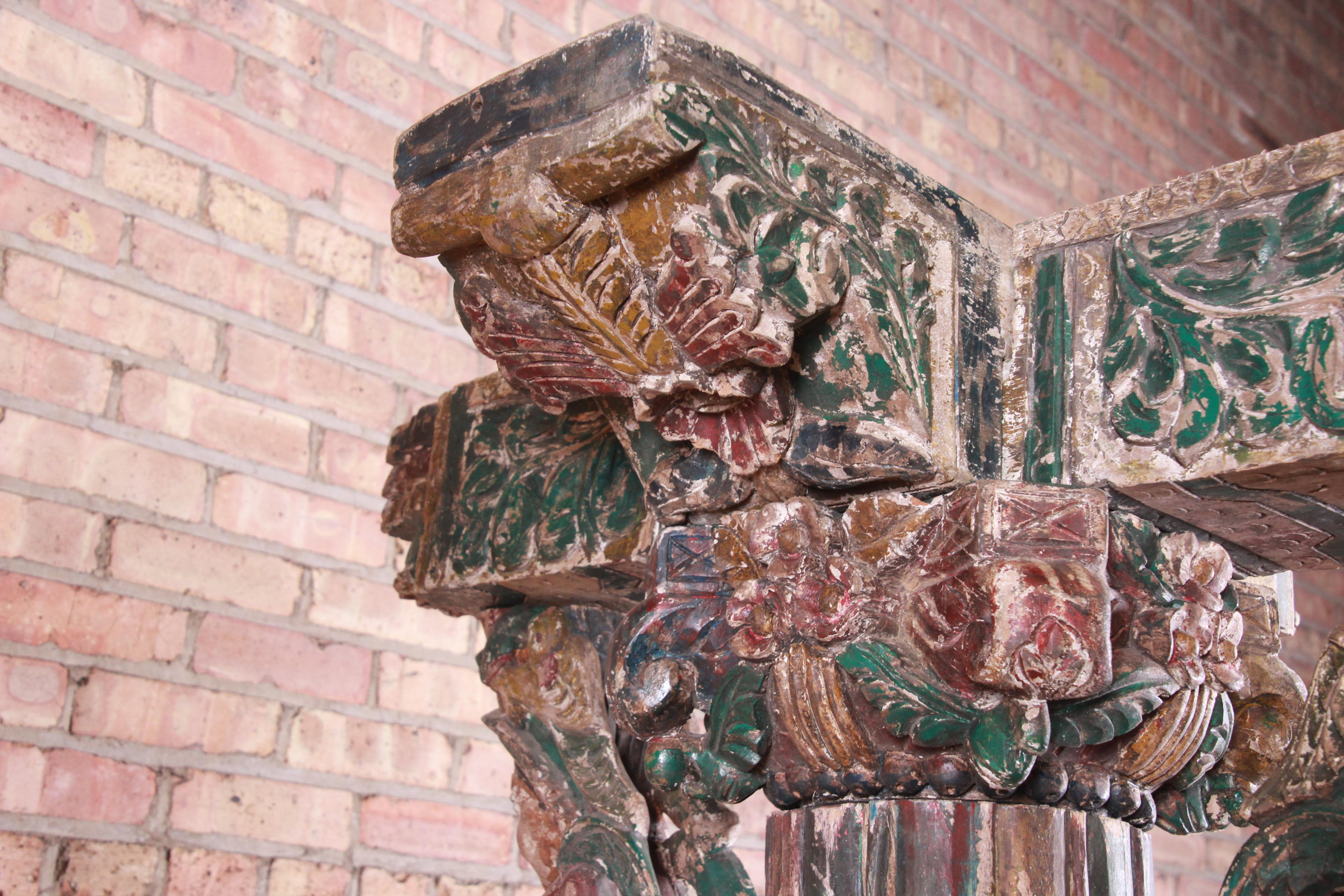 18th Century Ornate Carved and Painted Wood Indian Architectural Pillars, Pair 5