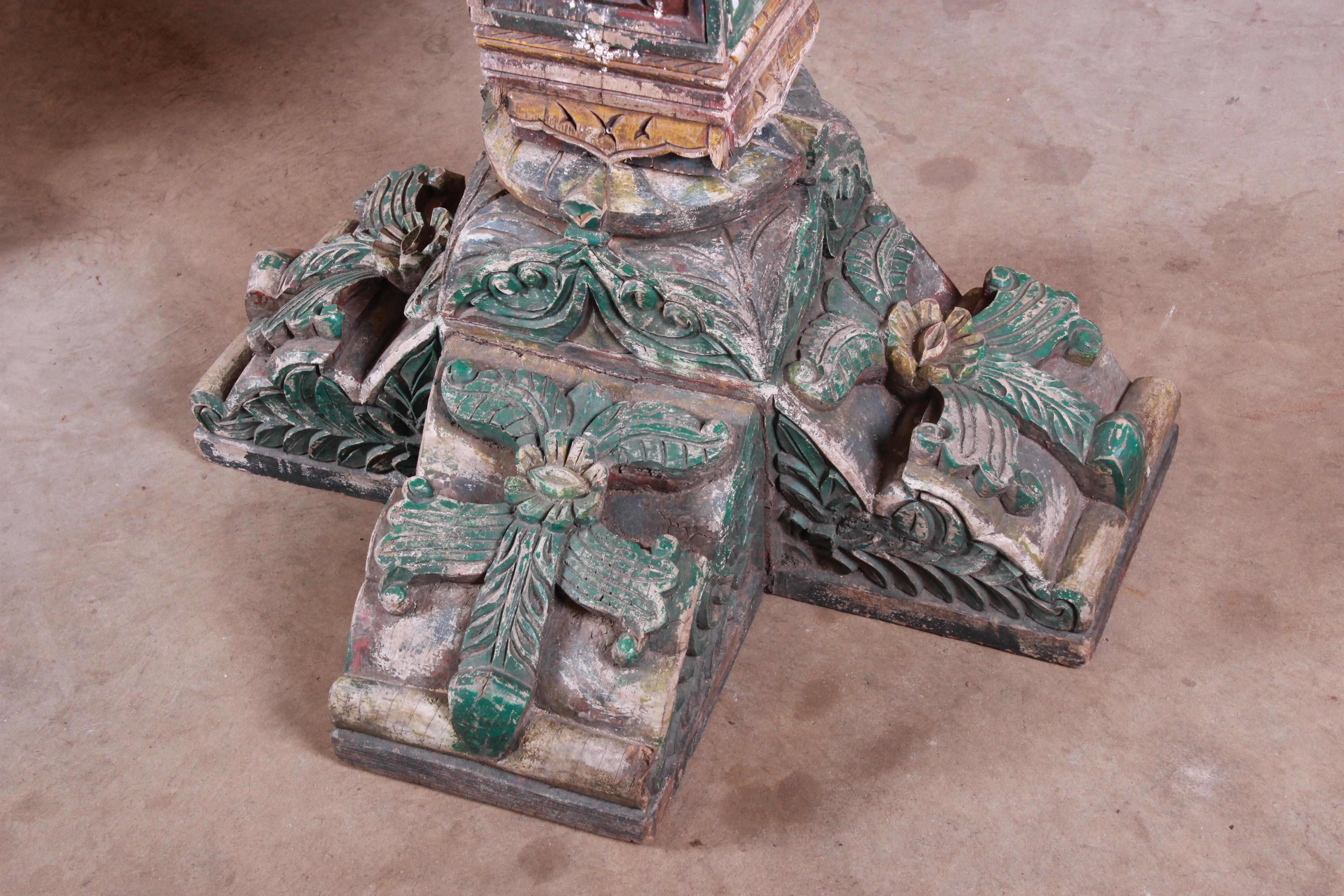 18th Century Ornate Carved and Painted Wood Indian Architectural Pillars, Pair 6