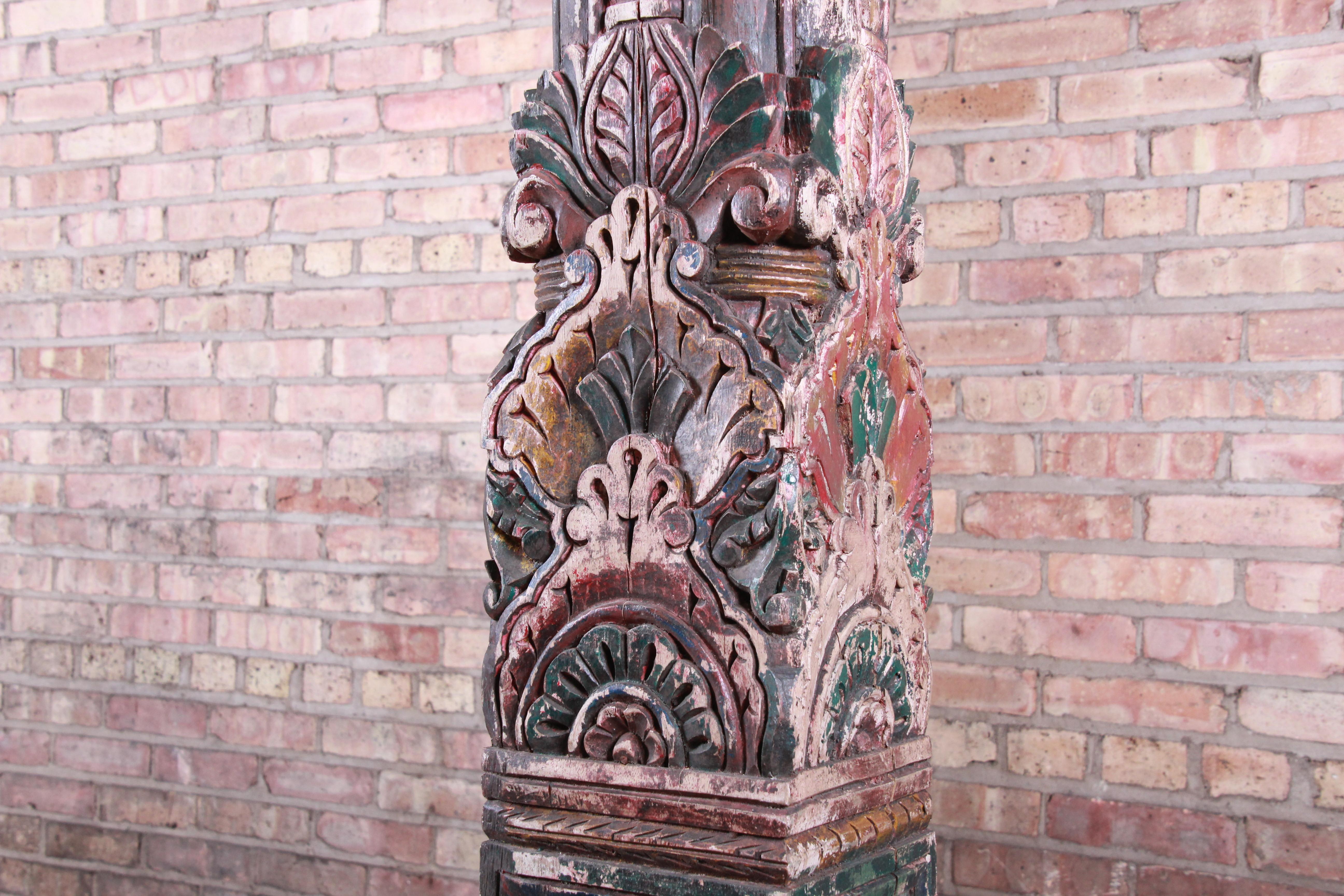 18th Century Ornate Carved and Painted Wood Indian Architectural Pillars, Pair 7