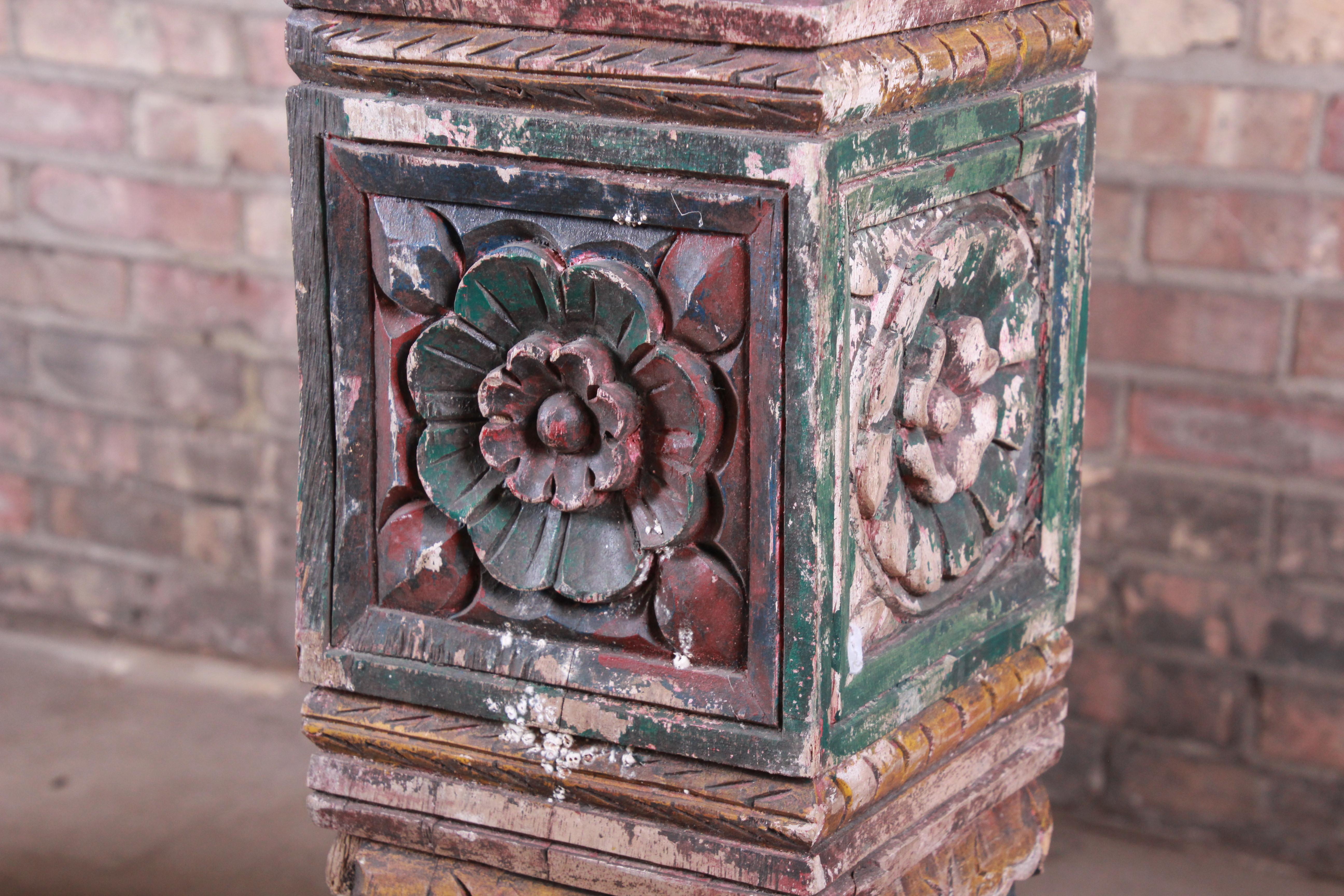 18th Century Ornate Carved and Painted Wood Indian Architectural Pillars, Pair 8