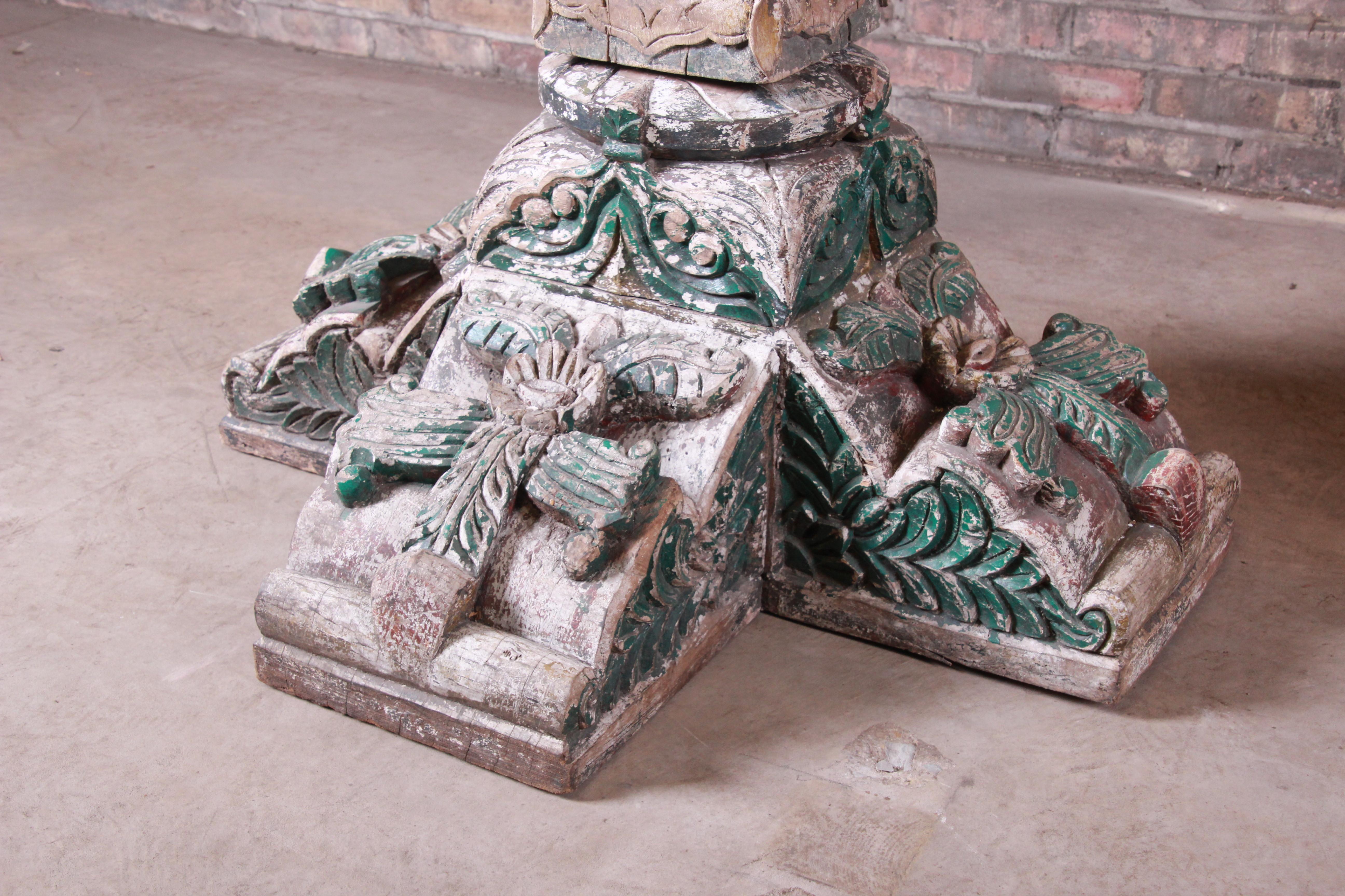 18th Century Ornate Carved and Painted Wood Indian Architectural Pillars, Pair 9