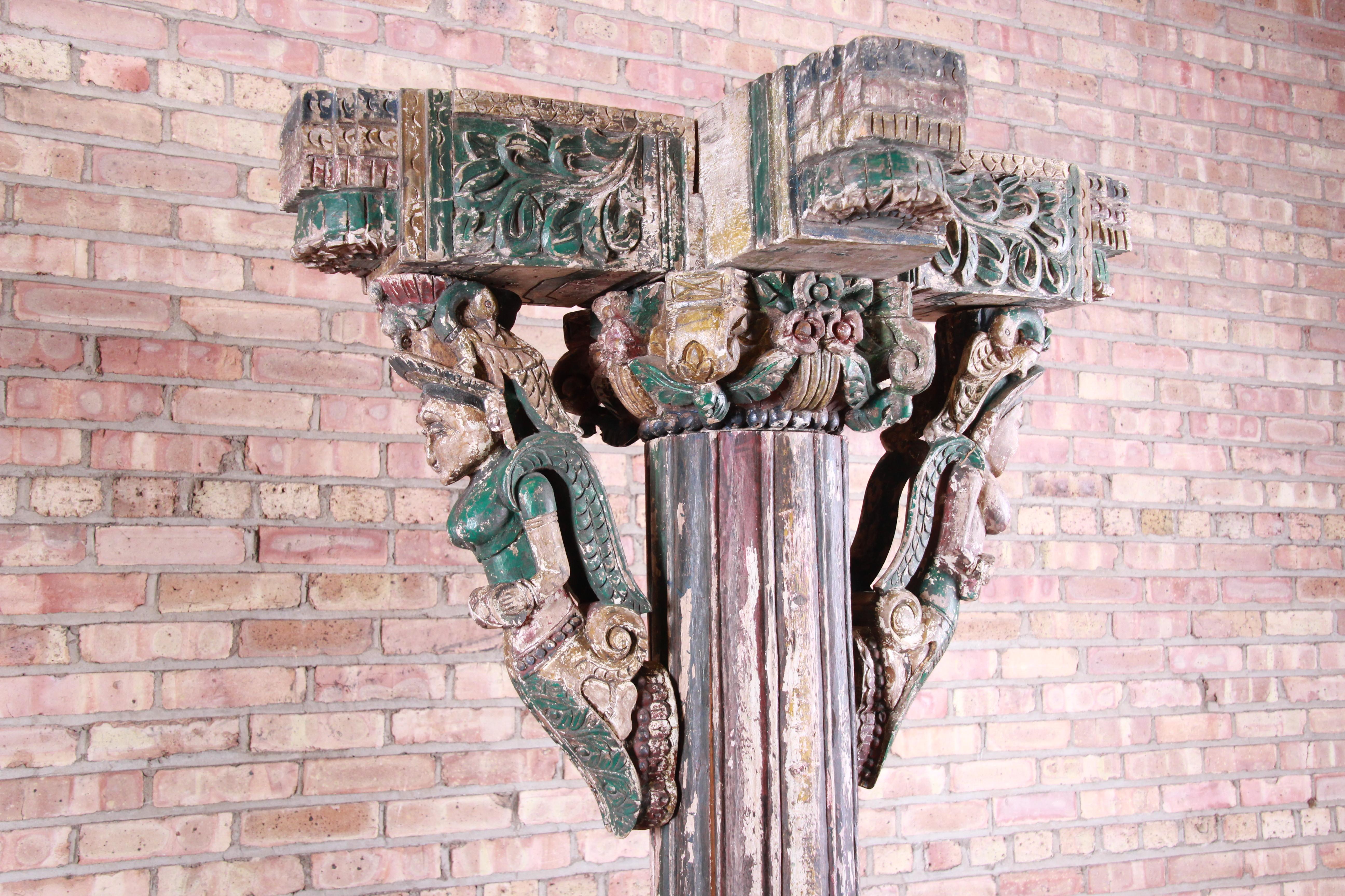 18th Century Ornate Carved and Painted Wood Indian Architectural Pillars, Pair 10