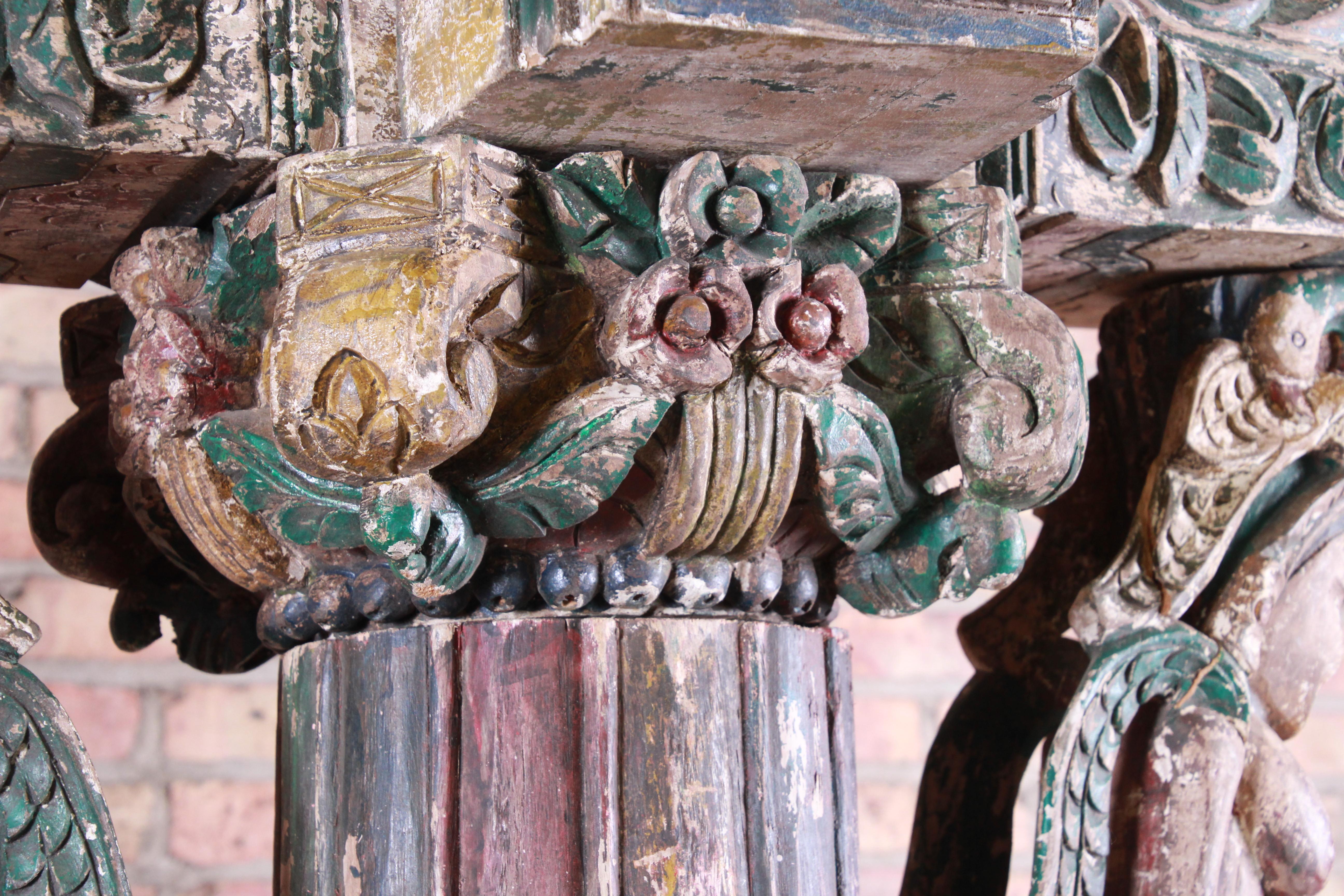 18th Century Ornate Carved and Painted Wood Indian Architectural Pillars, Pair 11