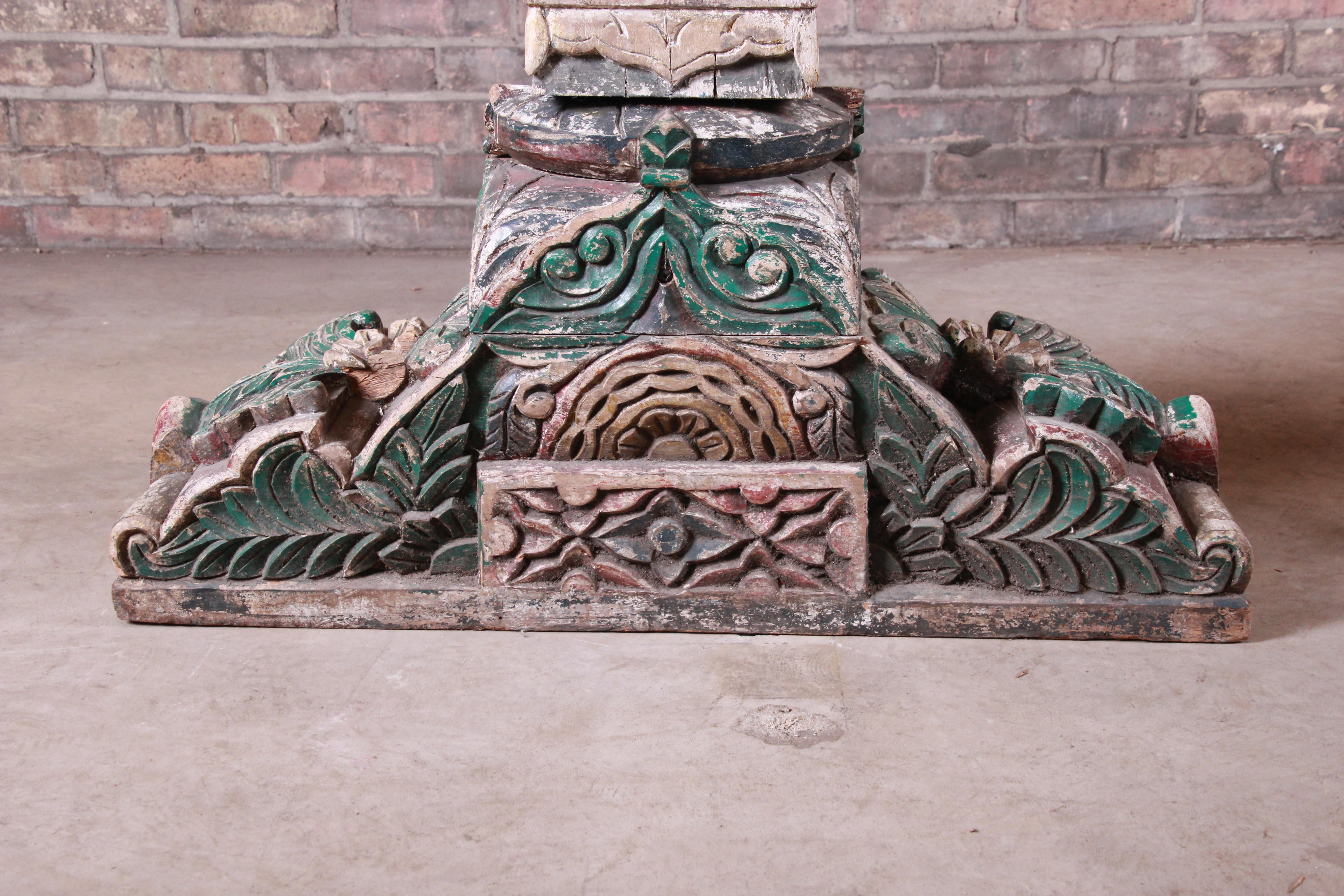 18th Century Ornate Carved and Painted Wood Indian Architectural Pillars, Pair 12