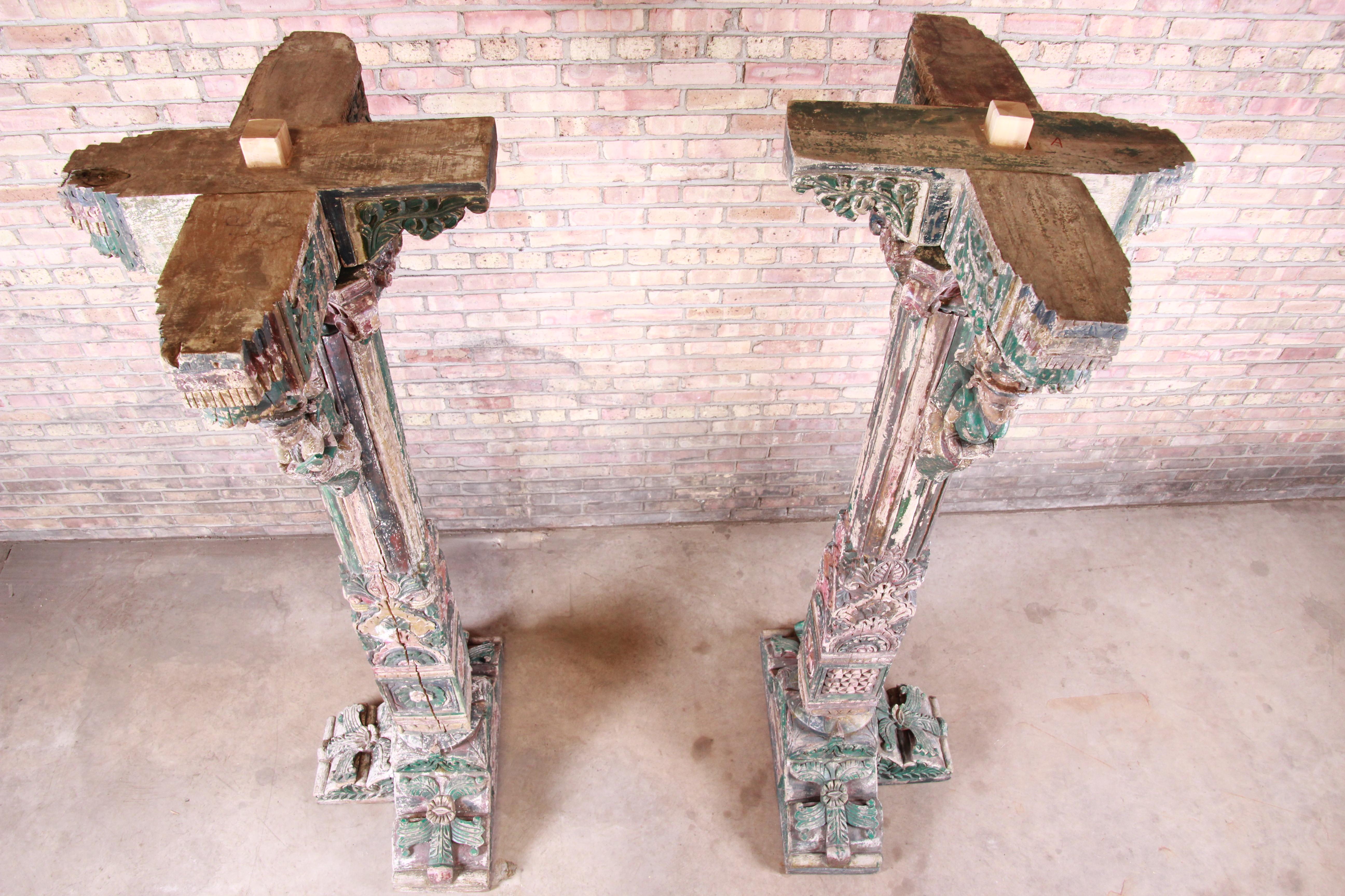 18th Century Ornate Carved and Painted Wood Indian Architectural Pillars, Pair 13