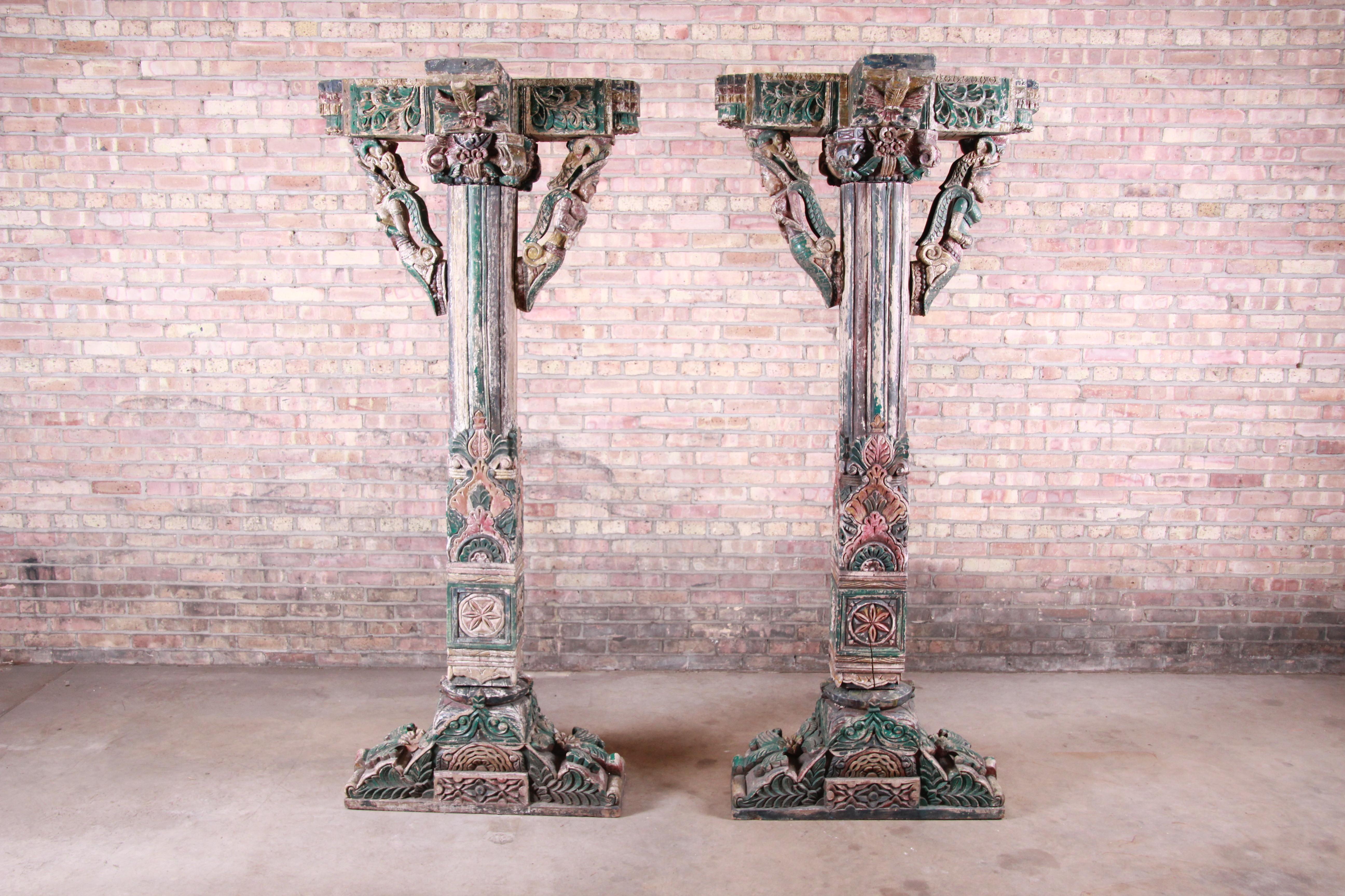 Primitive 18th Century Ornate Carved and Painted Wood Indian Architectural Pillars, Pair
