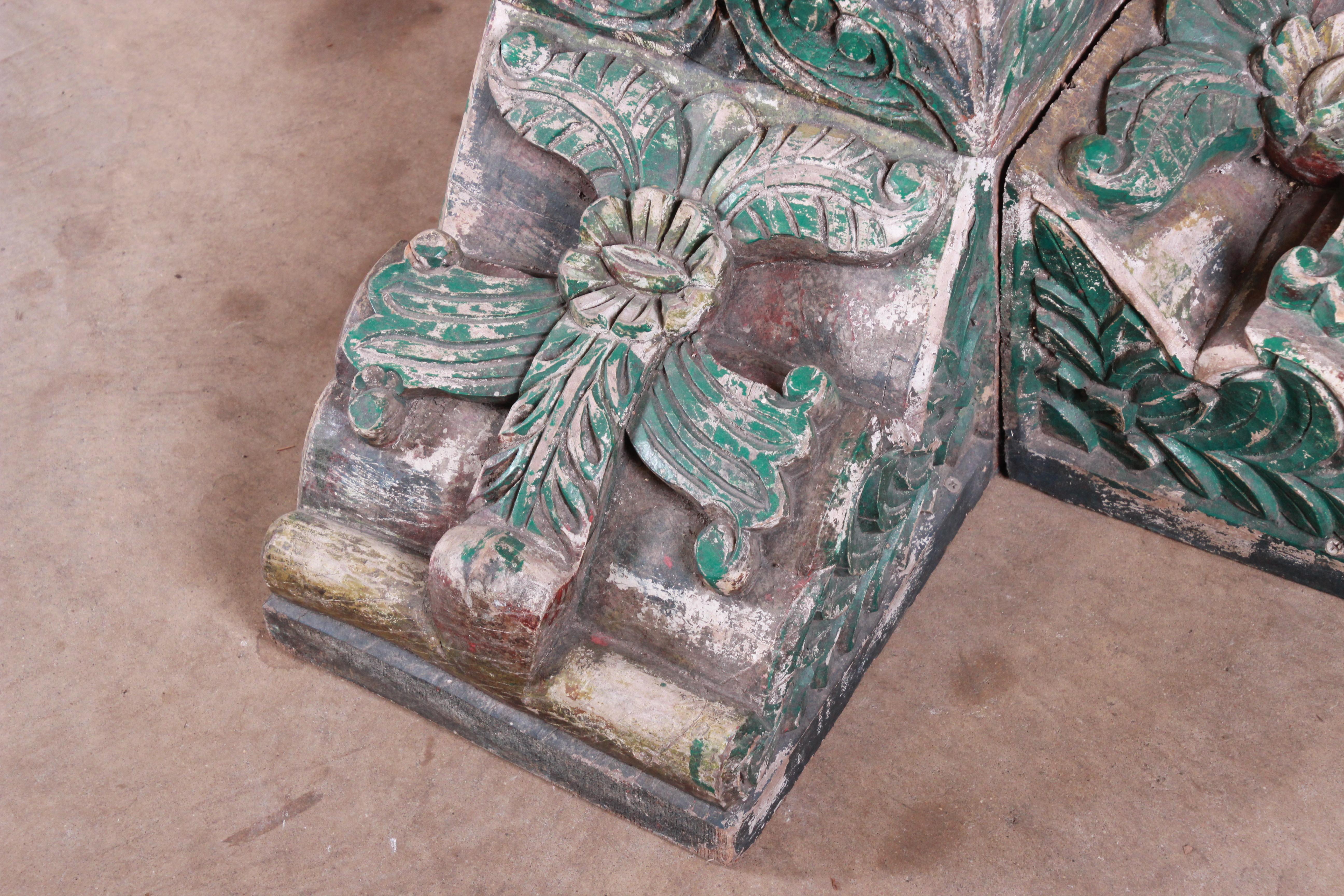 18th Century Ornate Carved and Painted Wood Indian Architectural Pillars, Pair In Good Condition In South Bend, IN