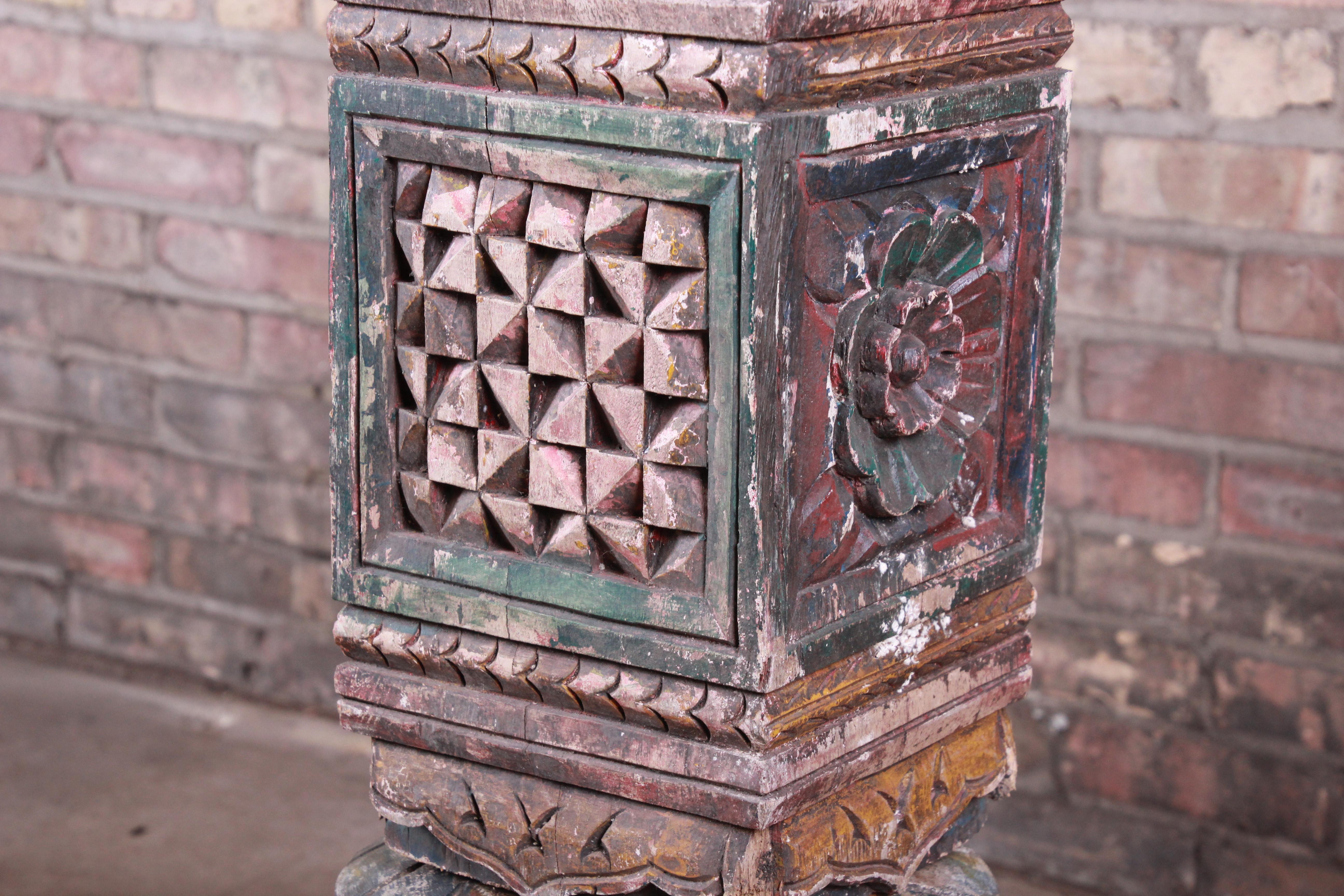 18th Century Ornate Carved and Painted Wood Indian Architectural Pillars, Pair 1