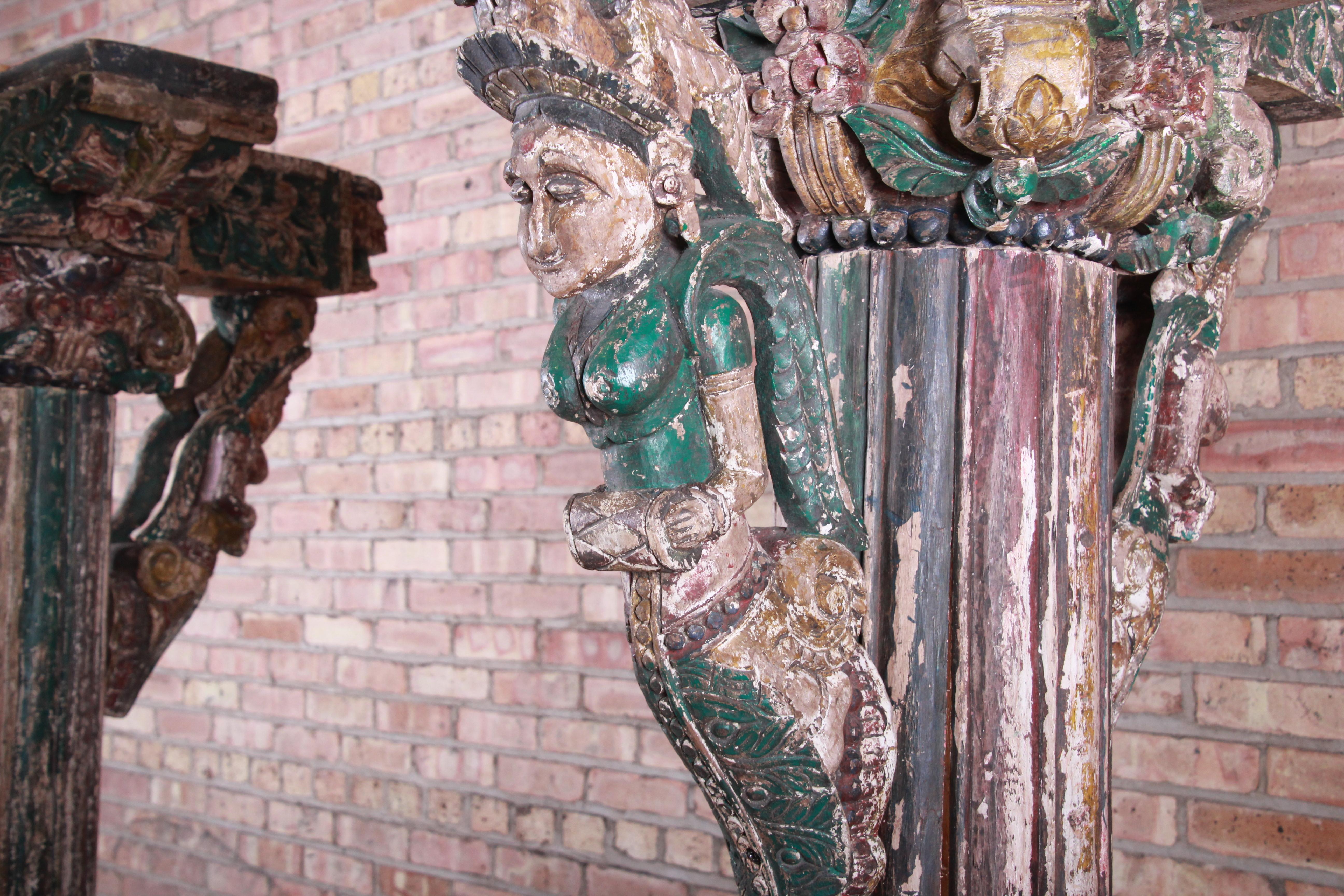 18th Century Ornate Carved and Painted Wood Indian Architectural Pillars, Pair 2