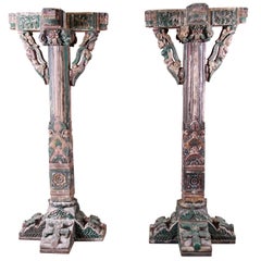 18th Century Ornate Carved and Painted Wood Indian Architectural Pillars, Pair