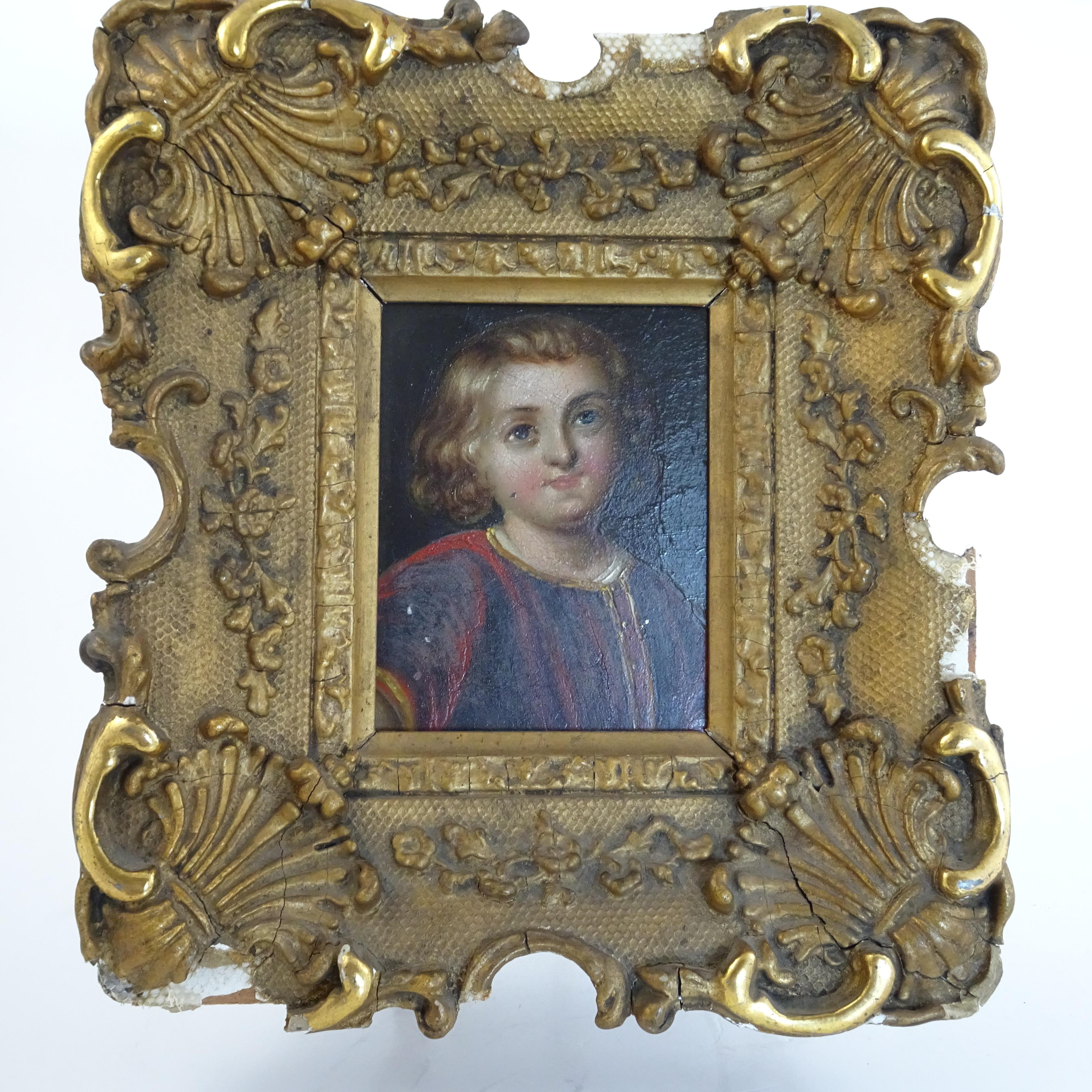 18th Century Ornate Gold Picture Frame with Portrait of Young Boy In Fair Condition For Sale In Nashville, TN