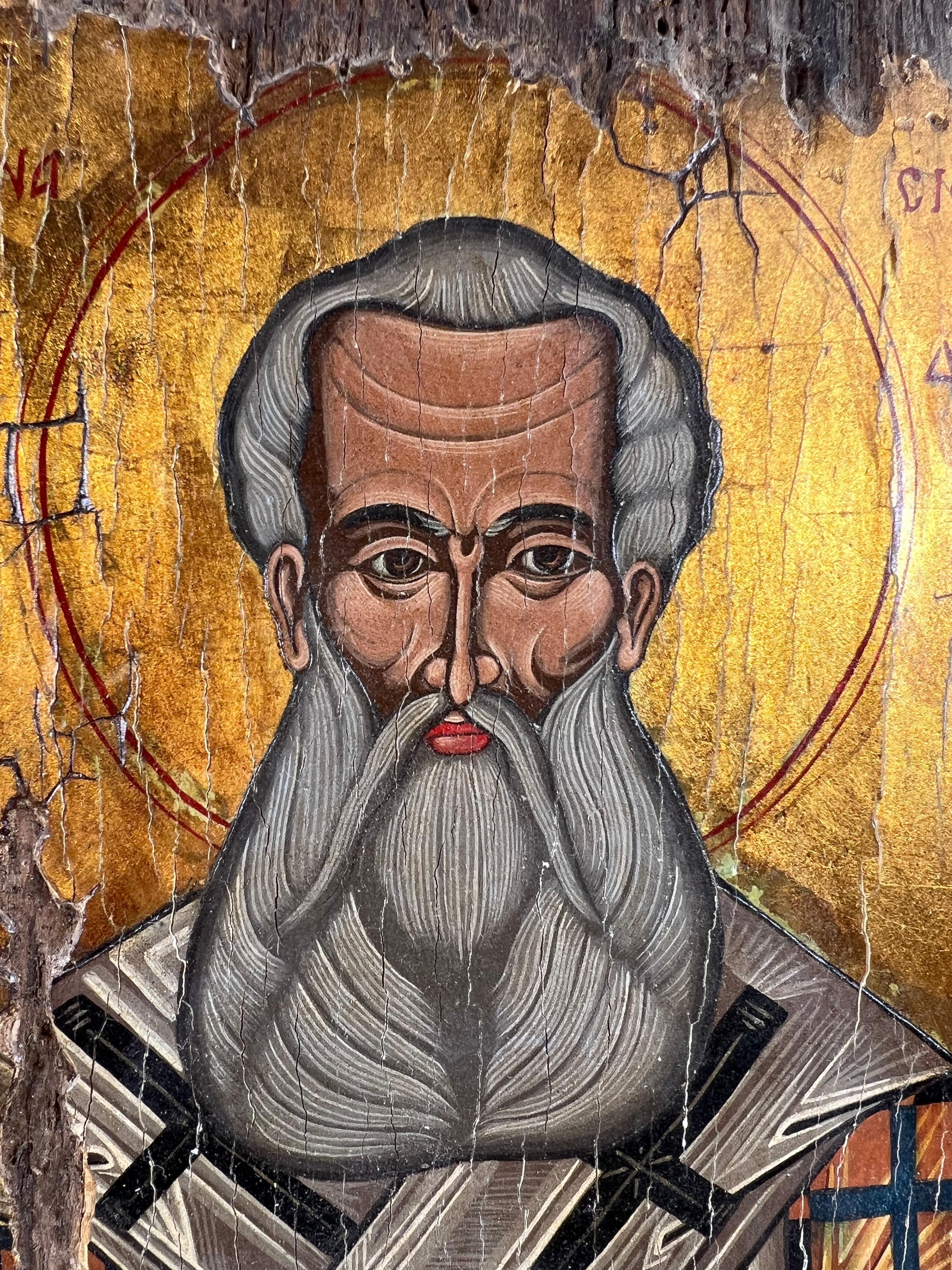 18th-Century Orthodox Icon of Saint Athanasius of Alexandria – Hand-Painted In Distressed Condition For Sale In LA FERTÉ-SOUS-JOUARRE, FR