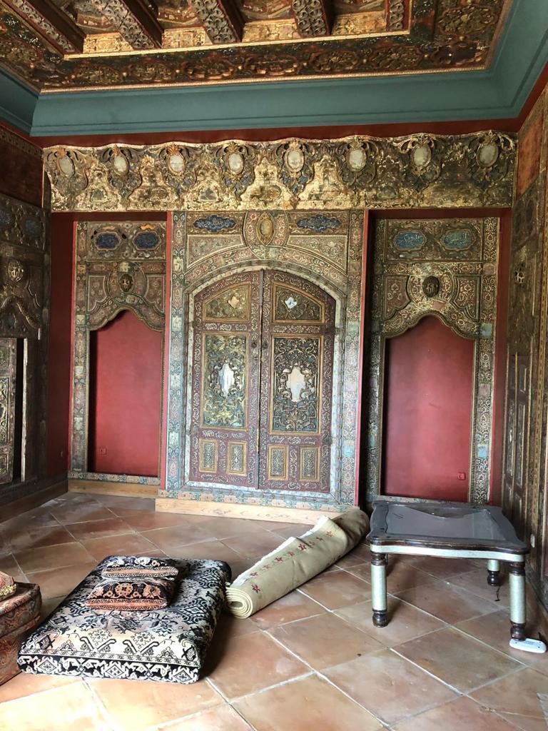 18th century Ottoman period Syrian Ajami art painted wood panelled 60m room including ceiling. Profusely carved and panels painted with traditional patterns using different techniques.

   

 
