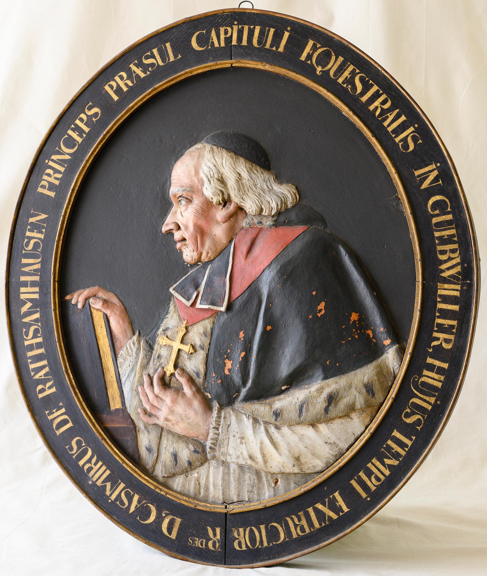 French Provincial 18th Century Oval Carved Wood Framed Bishop Portrait For Sale