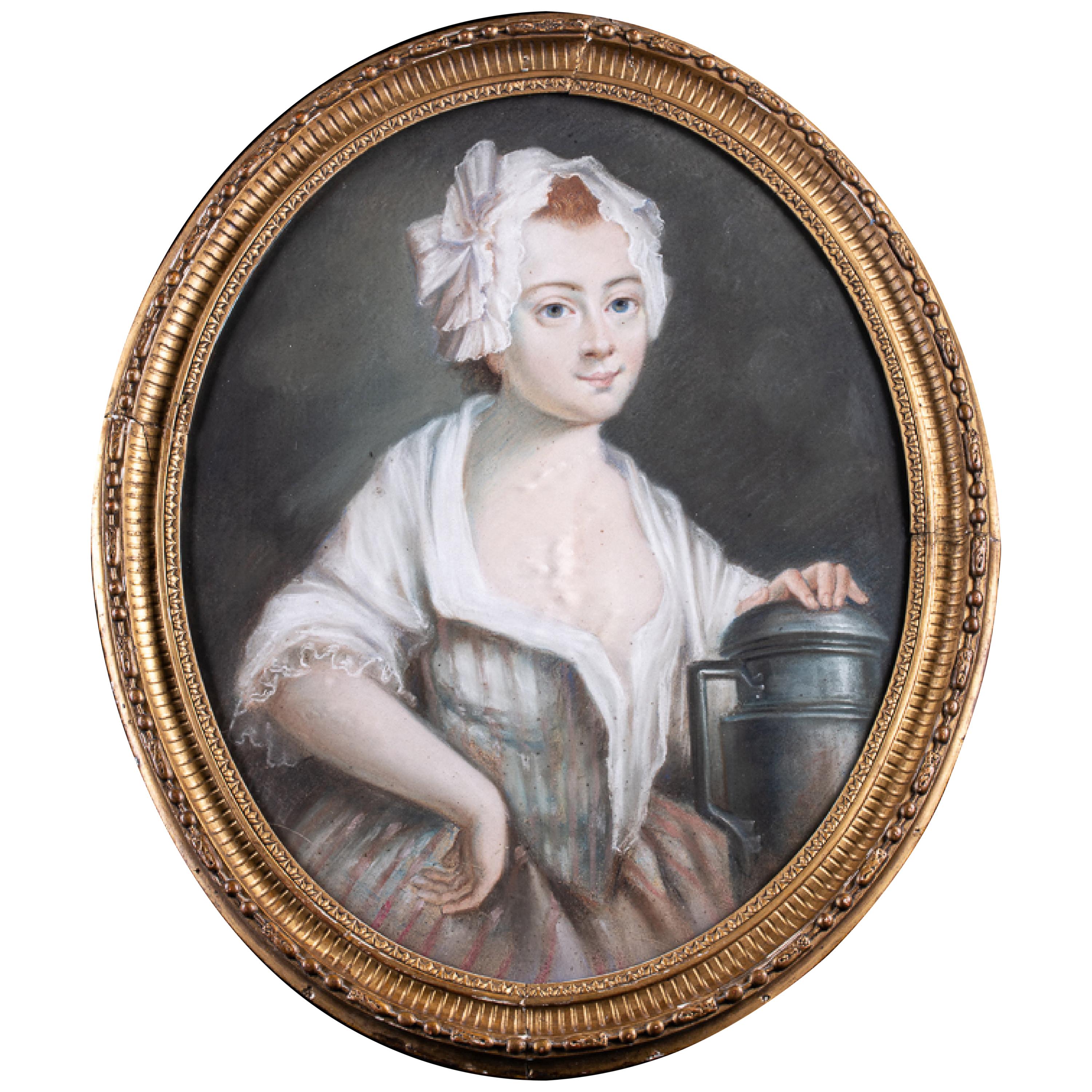 18th Century Oval Pastel Painting of a Milk Girl
