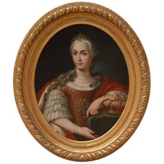 18th Century Oval Portrait Oil Canvas Regina Northern Europe Golden Frame, 1700s