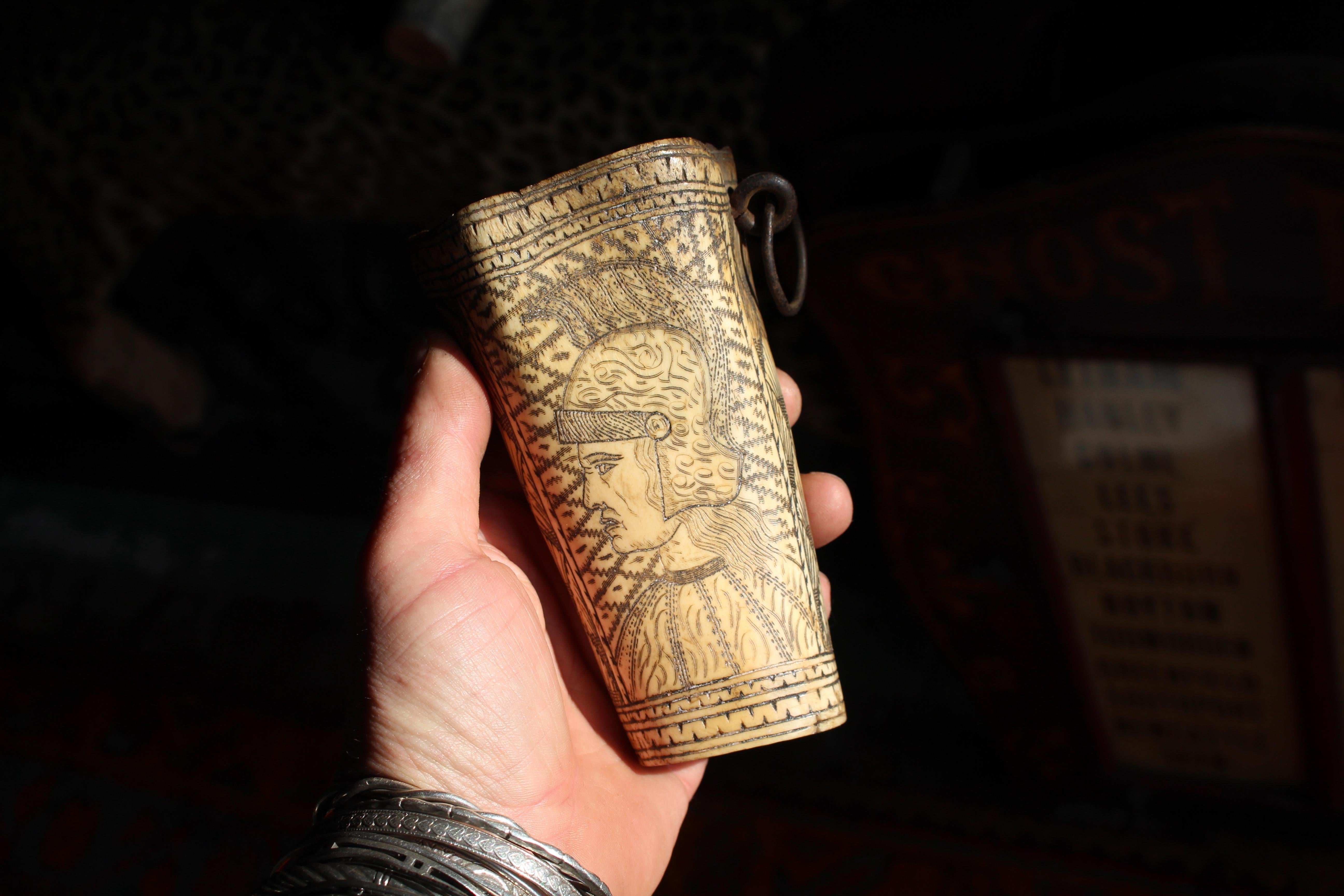 18th Century Ox Bone Carved Riding Hunting Cups Classical Figures Green Man For Sale 6