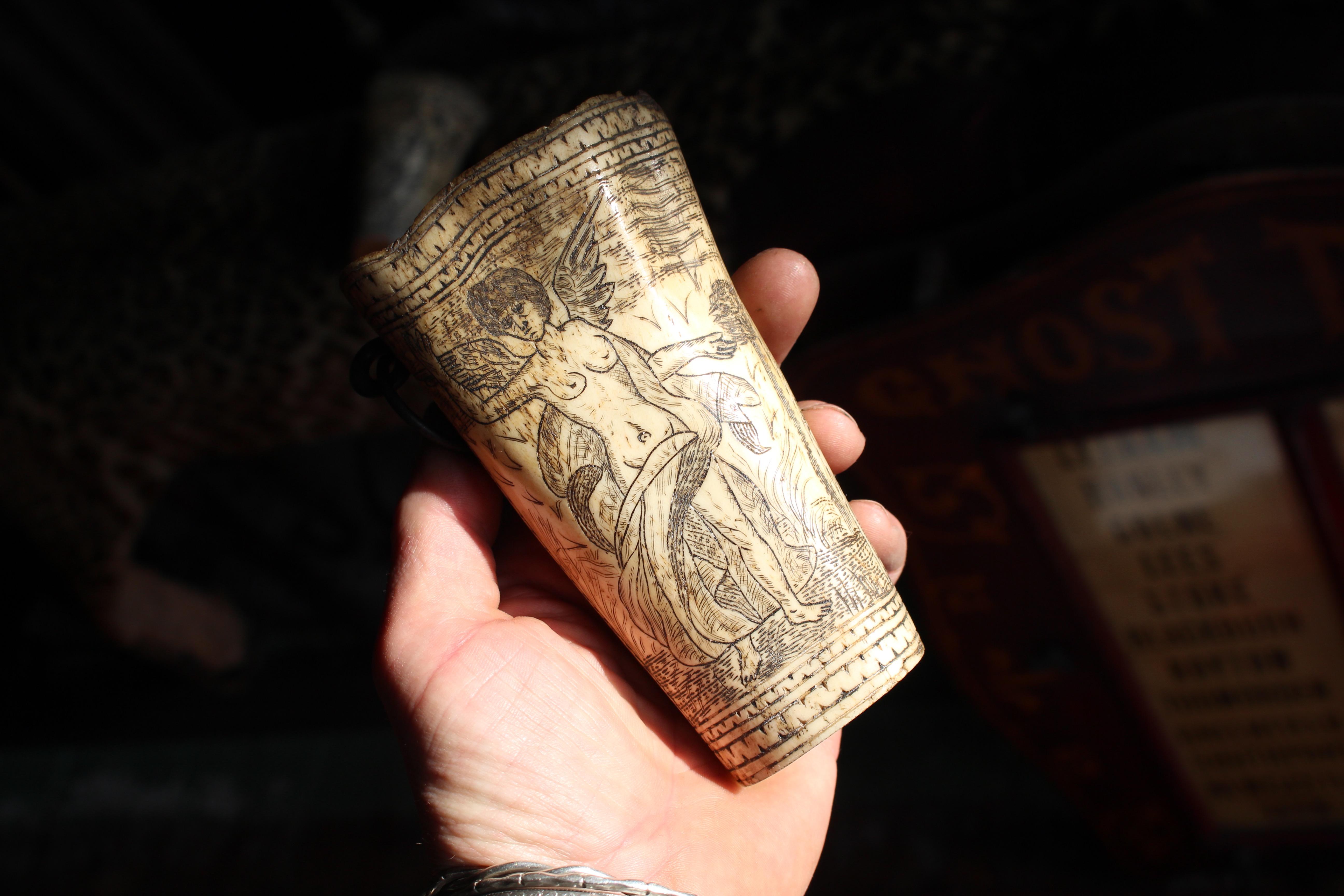 18th Century Ox Bone Carved Riding Hunting Cups Classical Figures Green Man For Sale 8