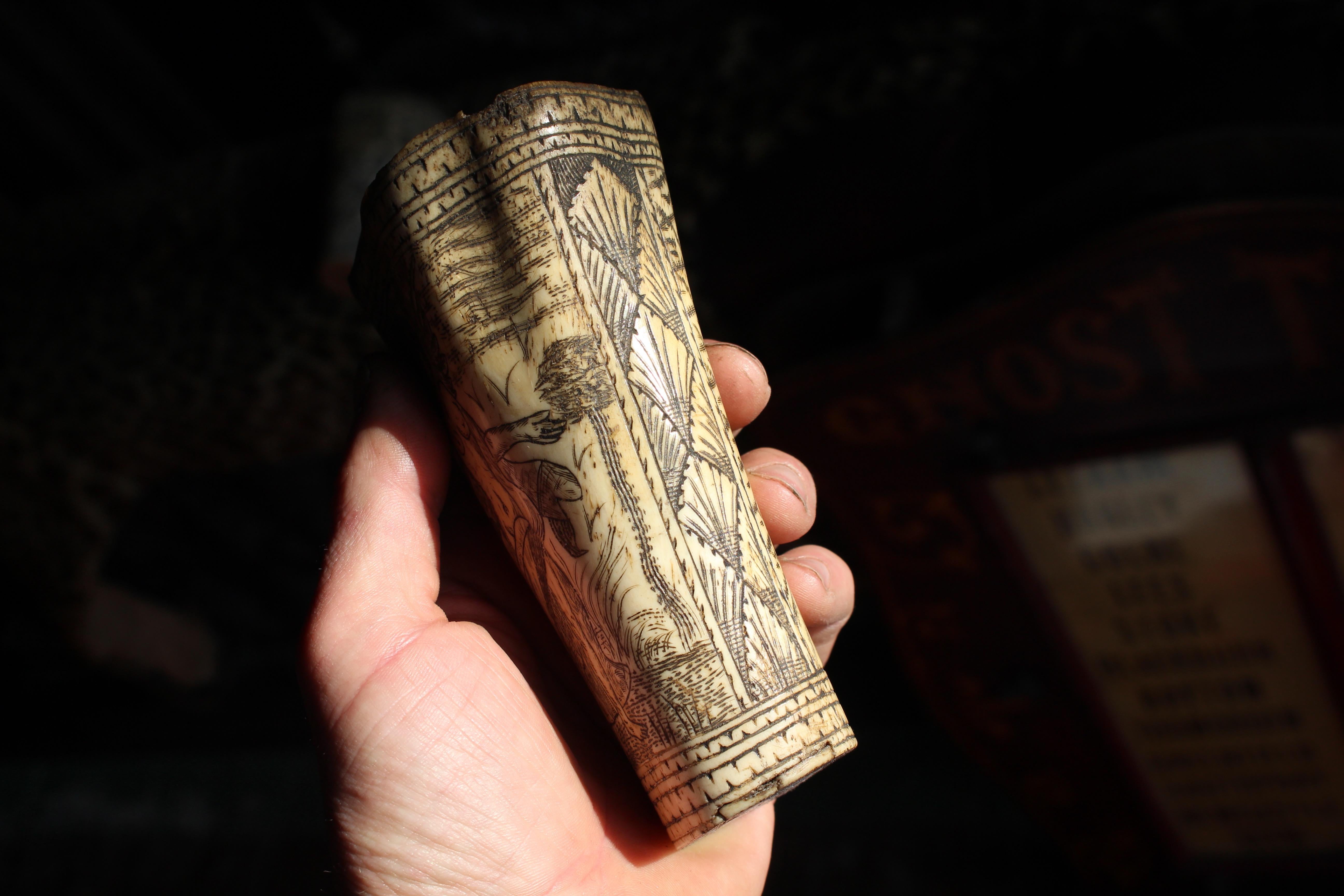 18th Century Ox Bone Carved Riding Hunting Cups Classical Figures Green Man For Sale 9