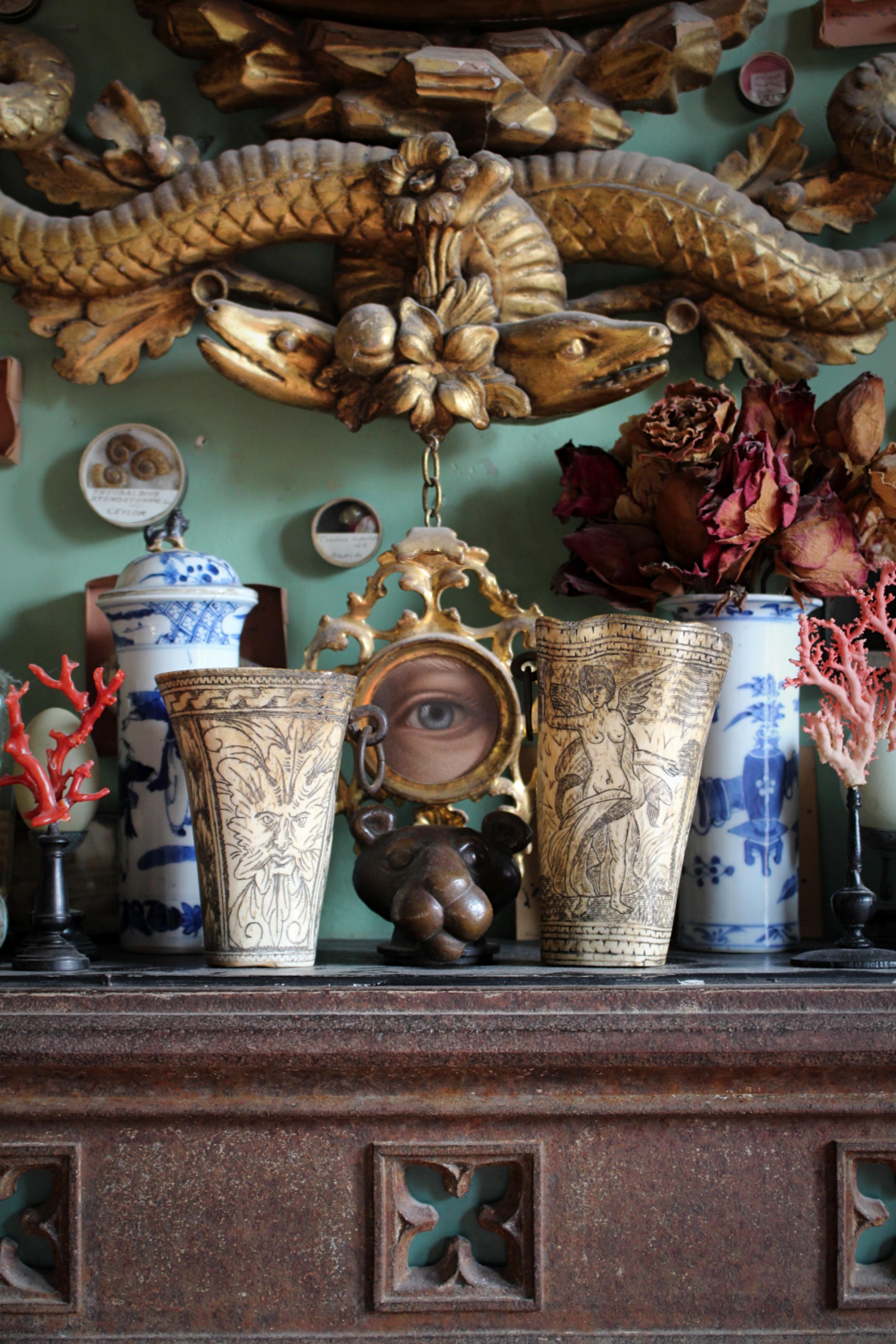 A Rare Pair Of Antique Early 18th Century Folk Art Carved Hunting Cups.

Carved From Ox Bone decorated with a sgraffito scratched design with ink forced into the marks, very much in the scrimshaw style

The imagery showing  classical figures among