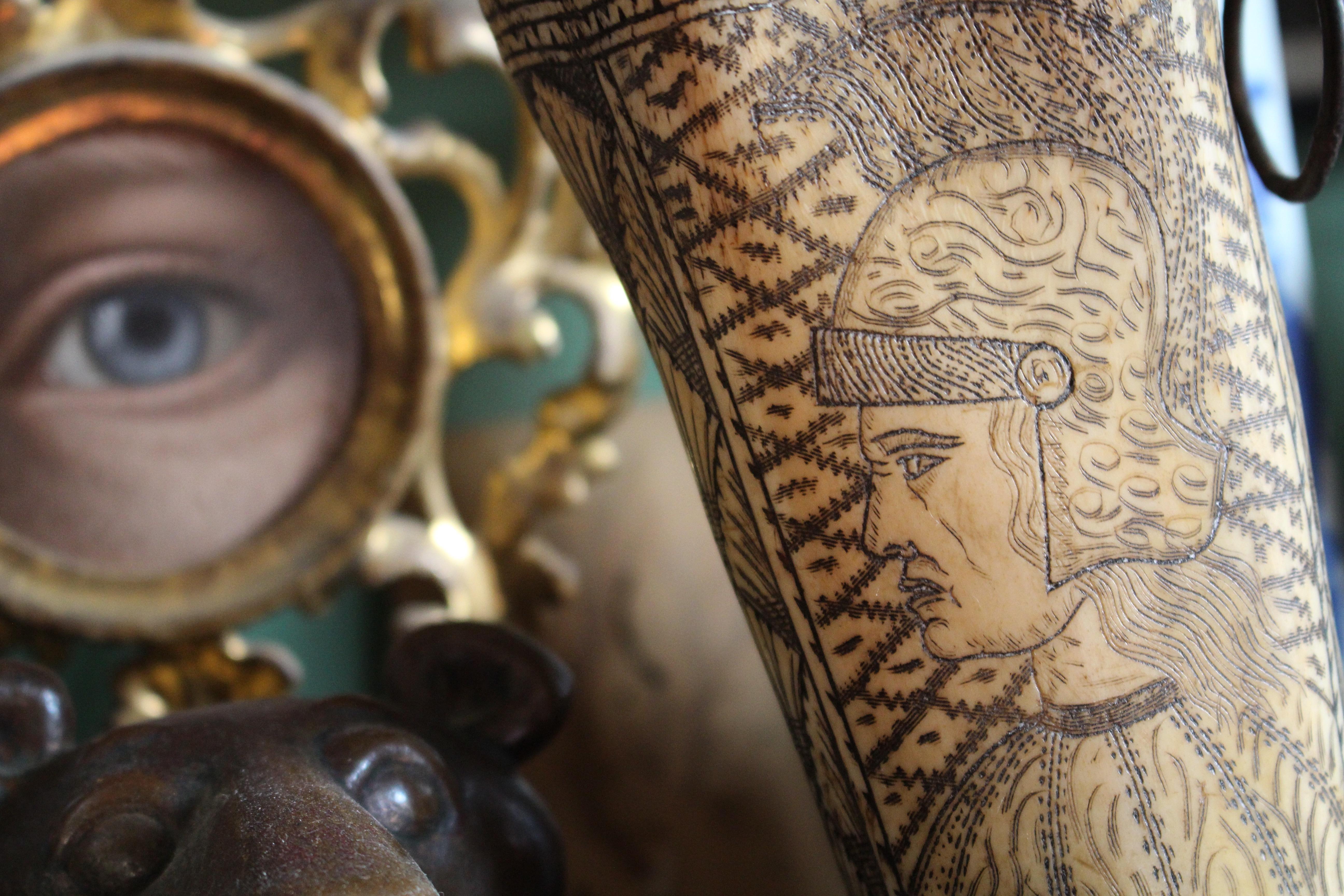 European 18th Century Ox Bone Carved Riding Hunting Cups Classical Figures Green Man For Sale
