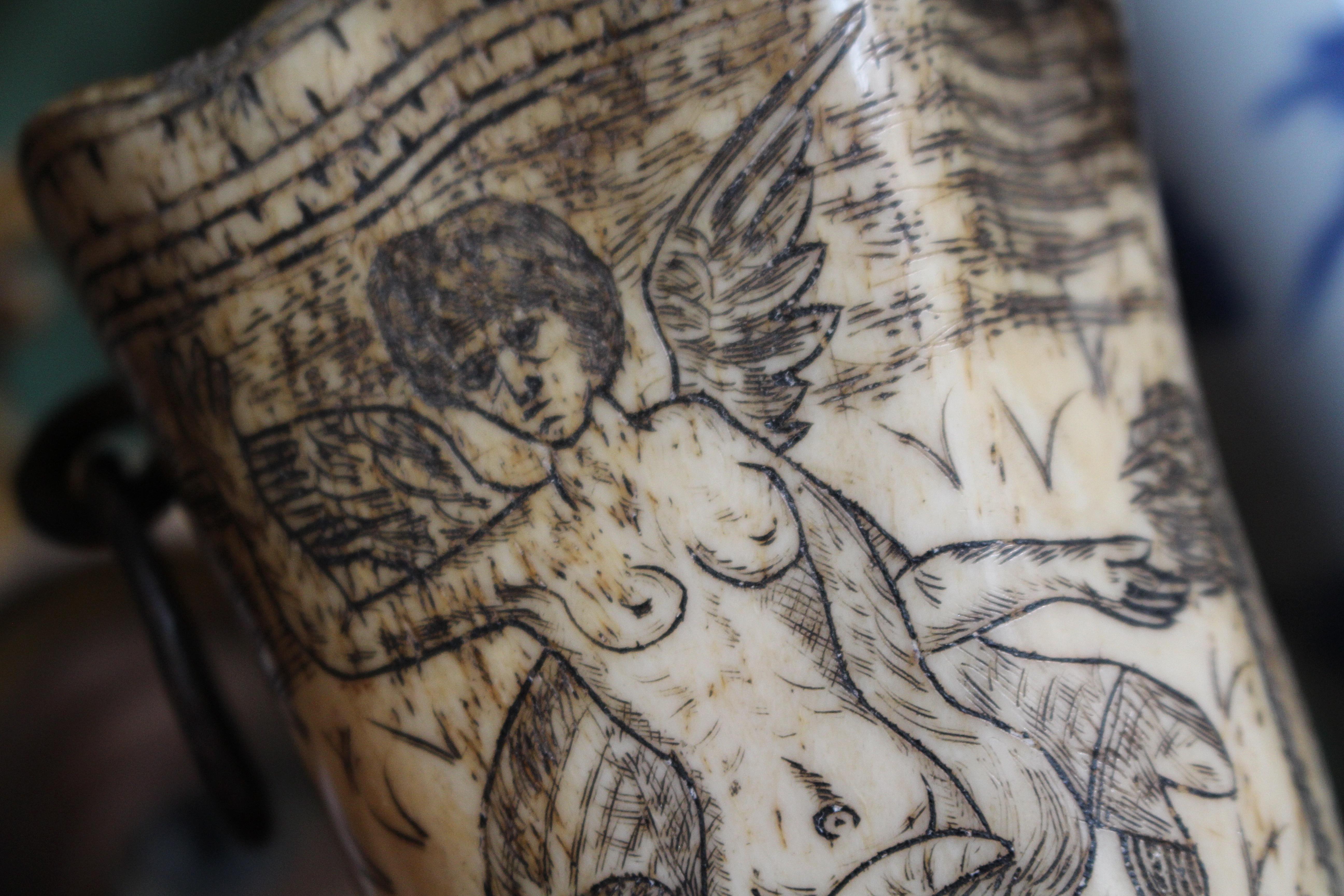 Hand-Carved 18th Century Ox Bone Carved Riding Hunting Cups Classical Figures Green Man For Sale
