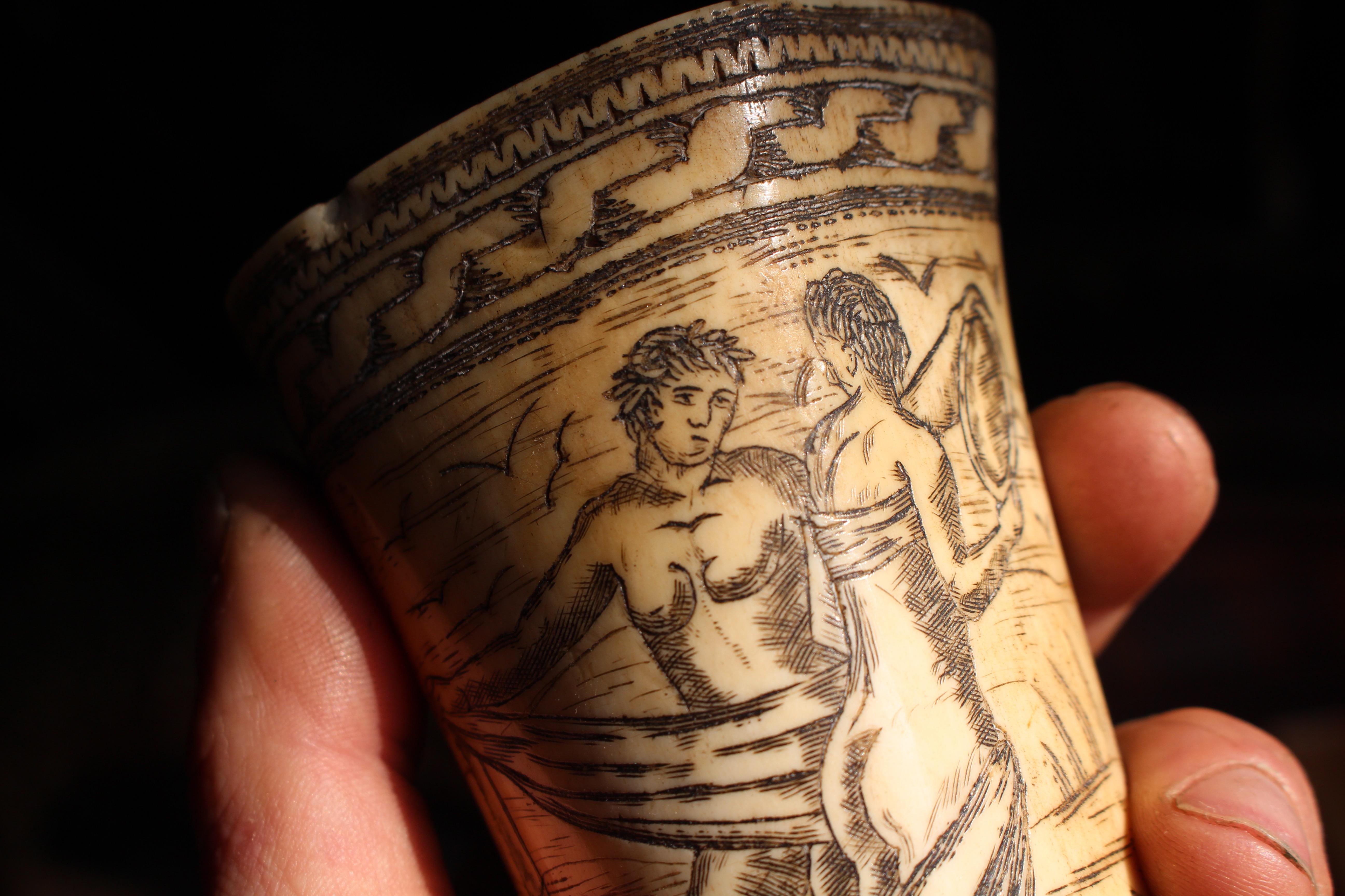 18th Century Ox Bone Carved Riding Hunting Cups Classical Figures Green Man In Good Condition For Sale In Lowestoft, GB