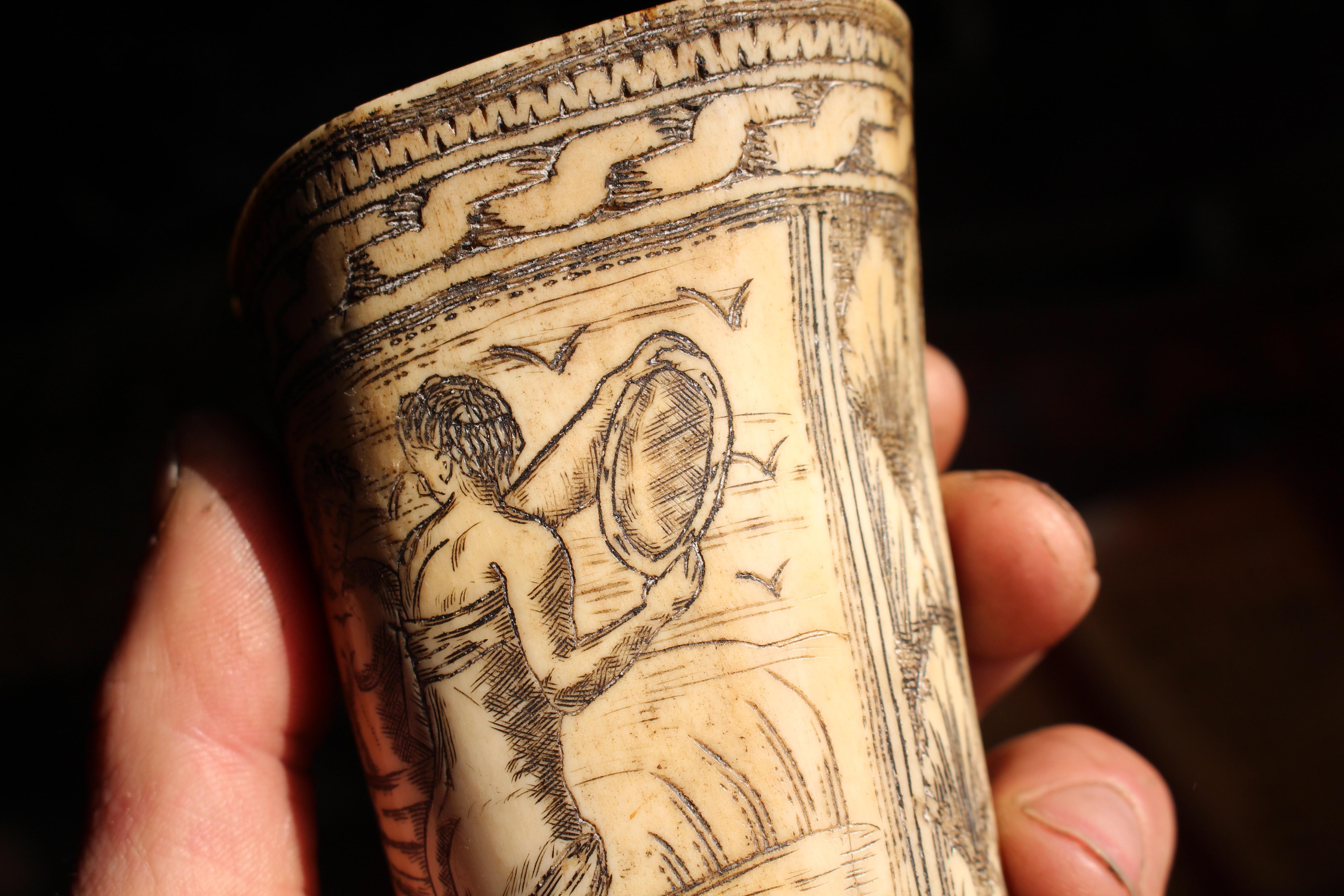 Natural Fiber 18th Century Ox Bone Carved Riding Hunting Cups Classical Figures Green Man For Sale