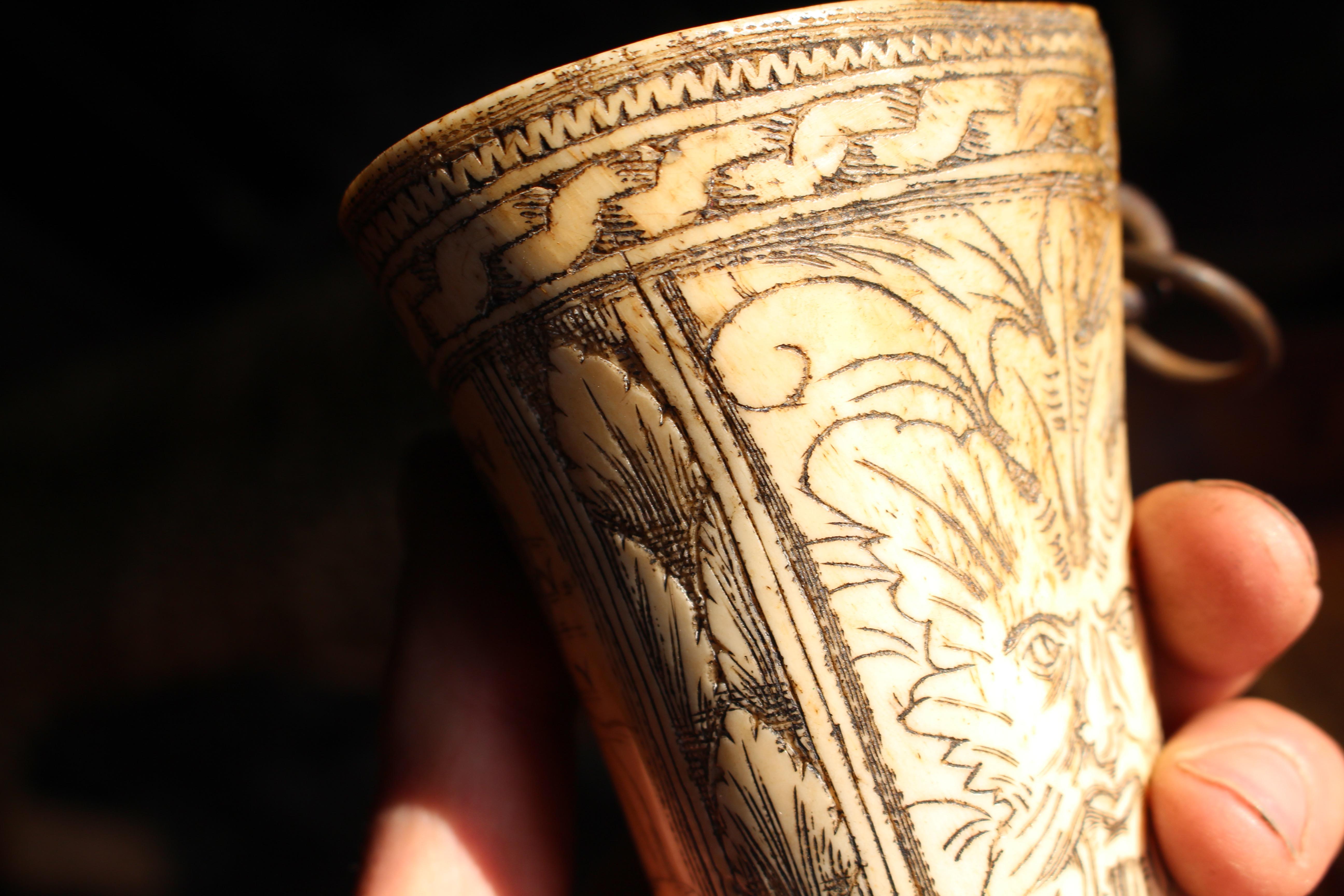 18th Century Ox Bone Carved Riding Hunting Cups Classical Figures Green Man For Sale 1