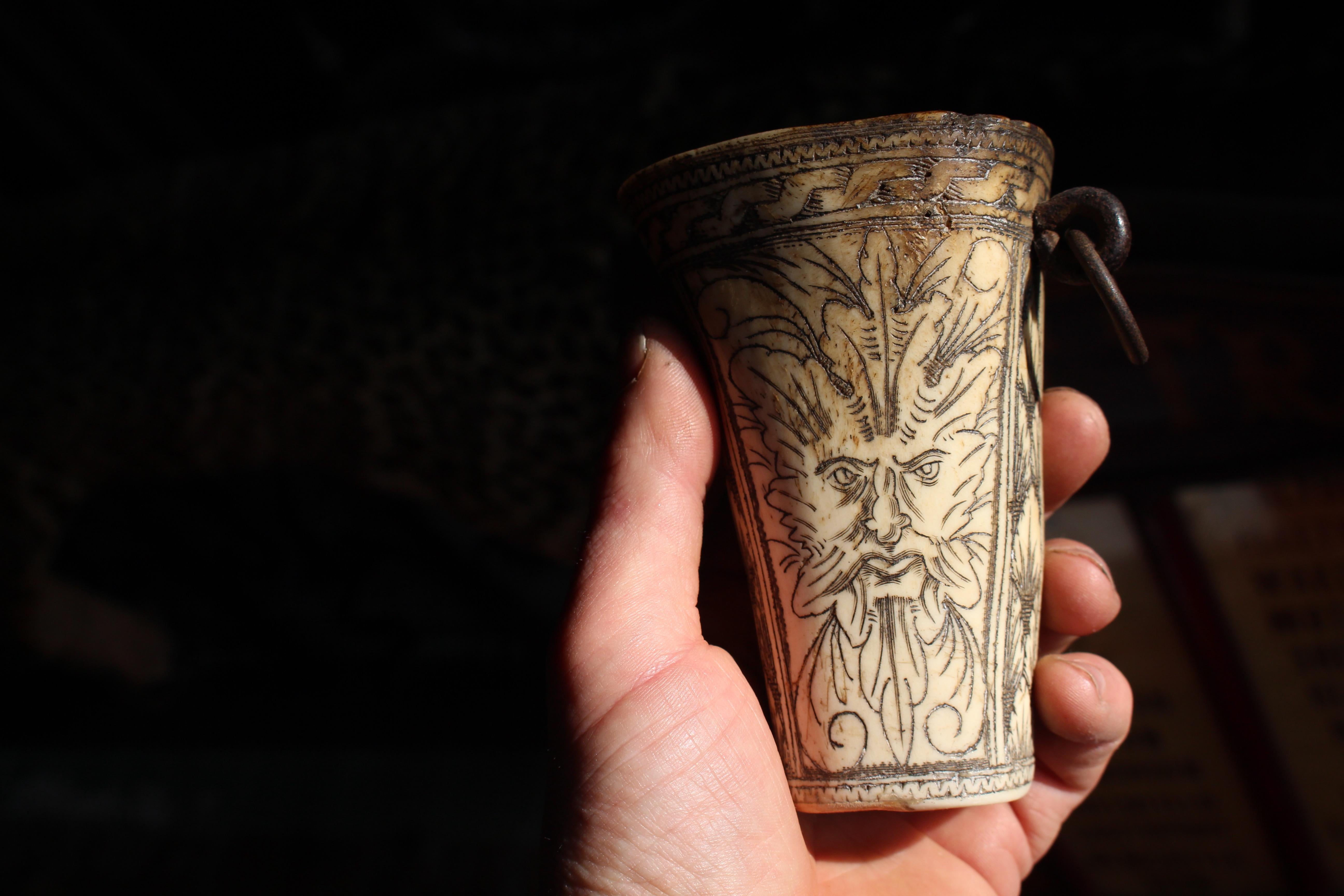 18th Century Ox Bone Carved Riding Hunting Cups Classical Figures Green Man For Sale 2