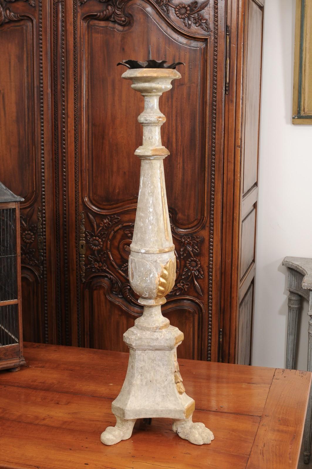 18th Century and Earlier 18th Century Painted and Gilt Candlestick from Tuscany with Acanthus Leaves For Sale