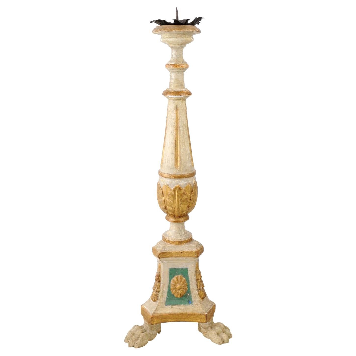 18th Century Painted and Gilt Candlestick from Tuscany with Acanthus Leaves For Sale