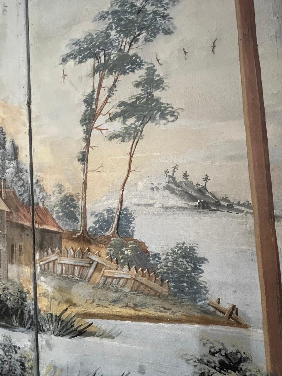 Belga Paravento belga a 3 pannelli su tela dipinta del XVIII secolo in vendita