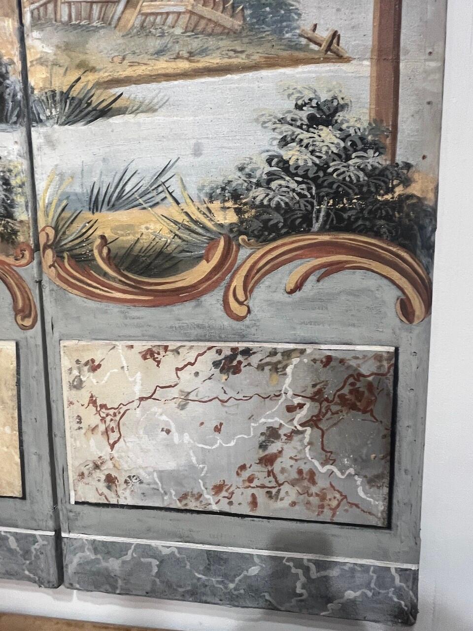 Dipinto a mano Paravento belga a 3 pannelli su tela dipinta del XVIII secolo in vendita