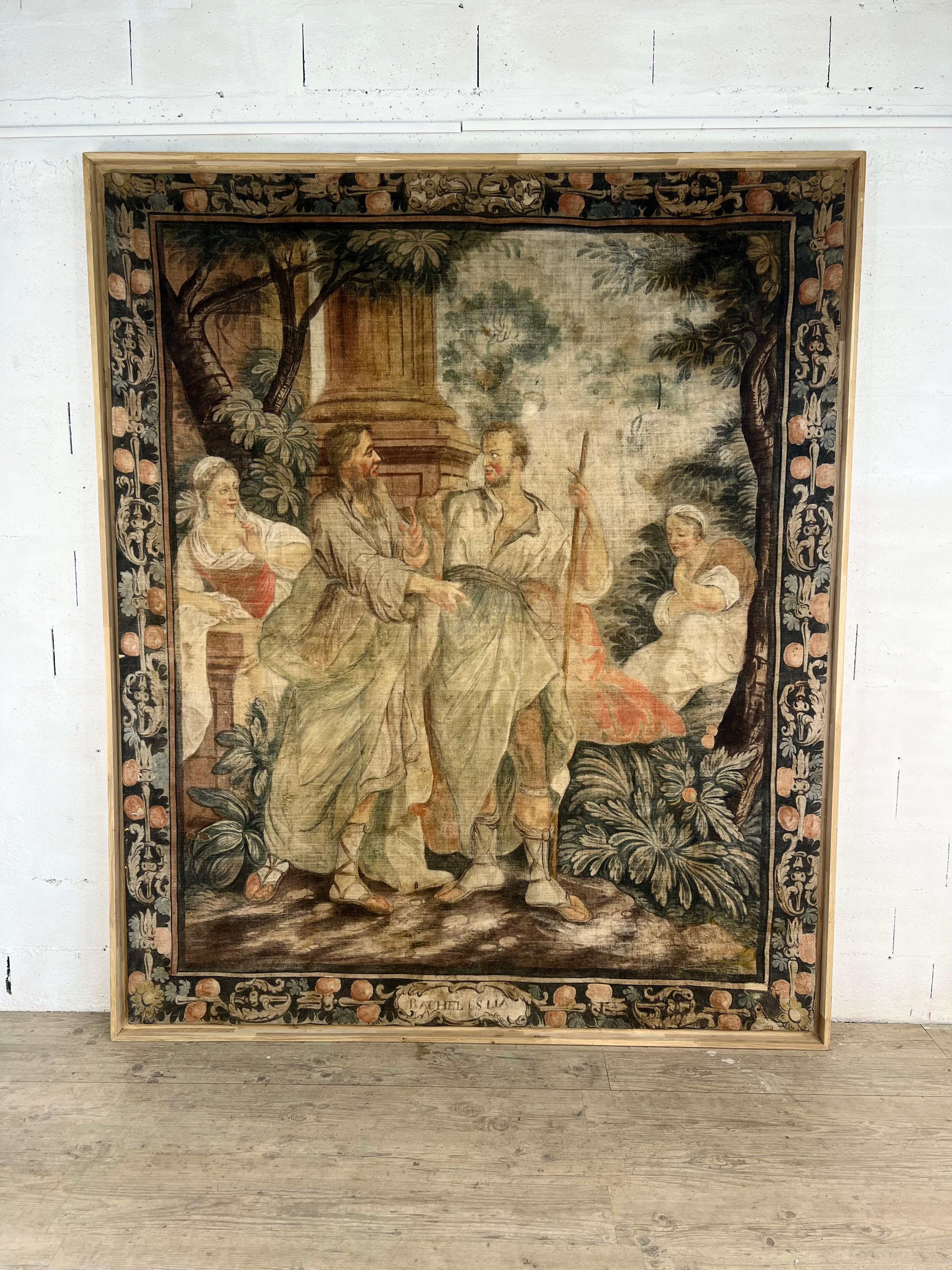 This 18th-century French painted canvas beautifully depicts the biblical story of Rachel and Leah with emotional nuance and theatrical balance. According to the Old Testament, Jacob is tricked by Laban into marrying Leah instead of Rachel, whom he