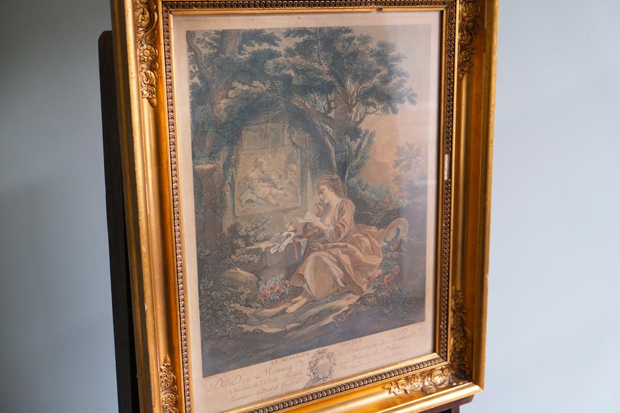 French 18th Century Painted Engraving, After François Boucher For Sale