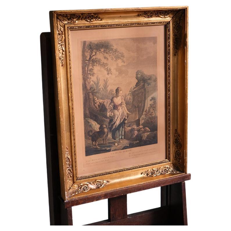 18th Century Painted Engraving After François Boucher, Shepherdess For Sale