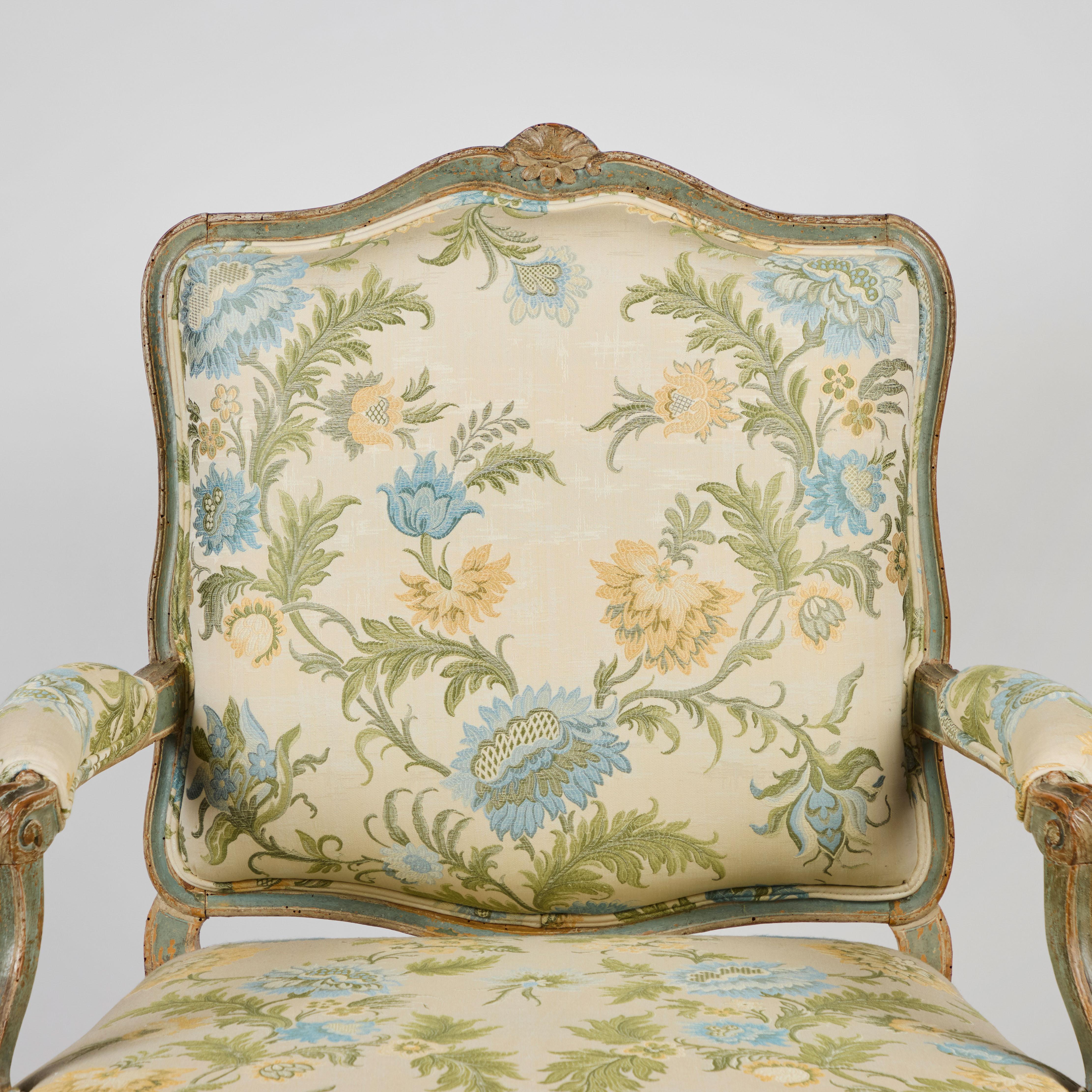 Louis XV 18th Century Painted French Armchair in Coraggio Fabric For Sale
