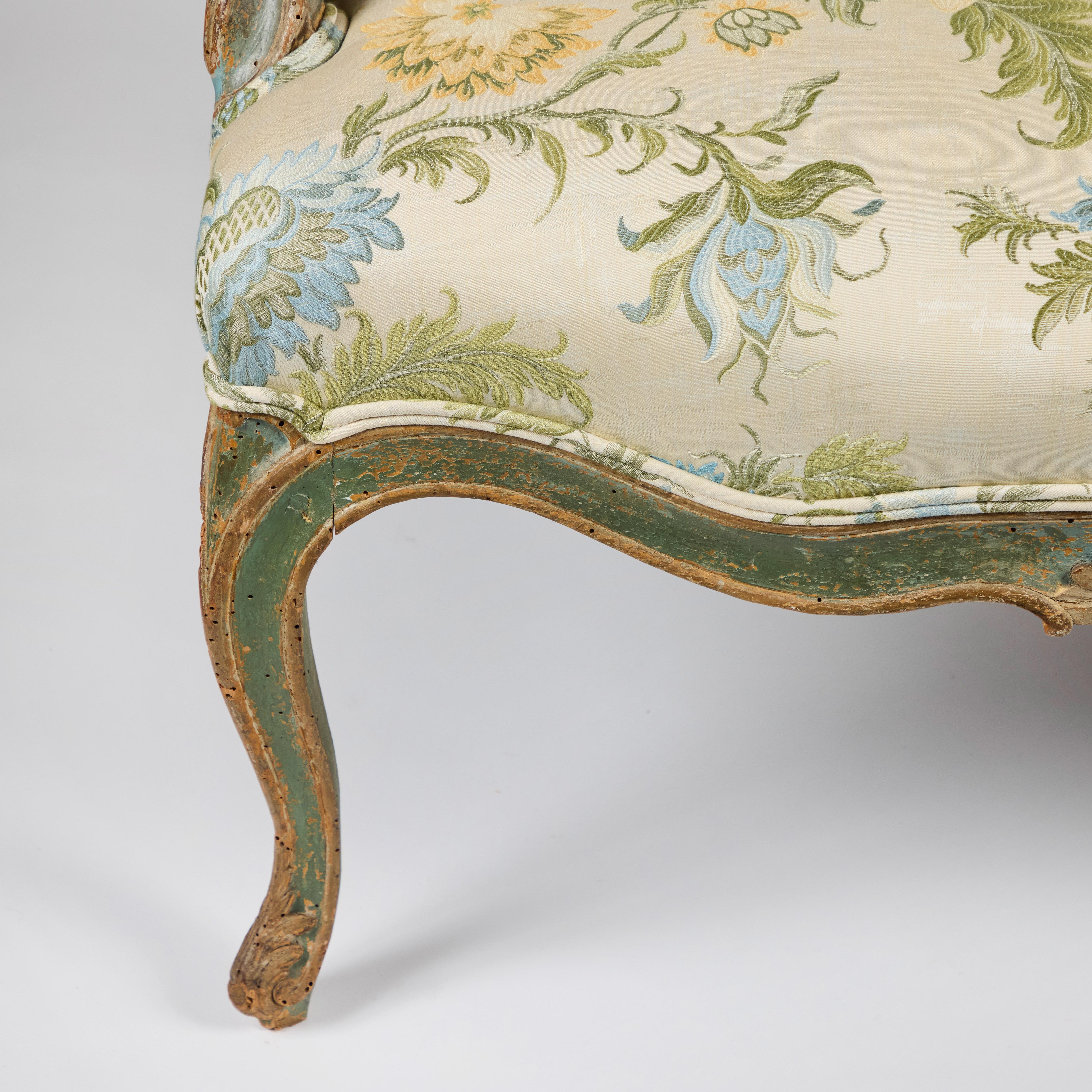 Hand-Carved 18th Century Painted French Armchair in Coraggio Fabric For Sale